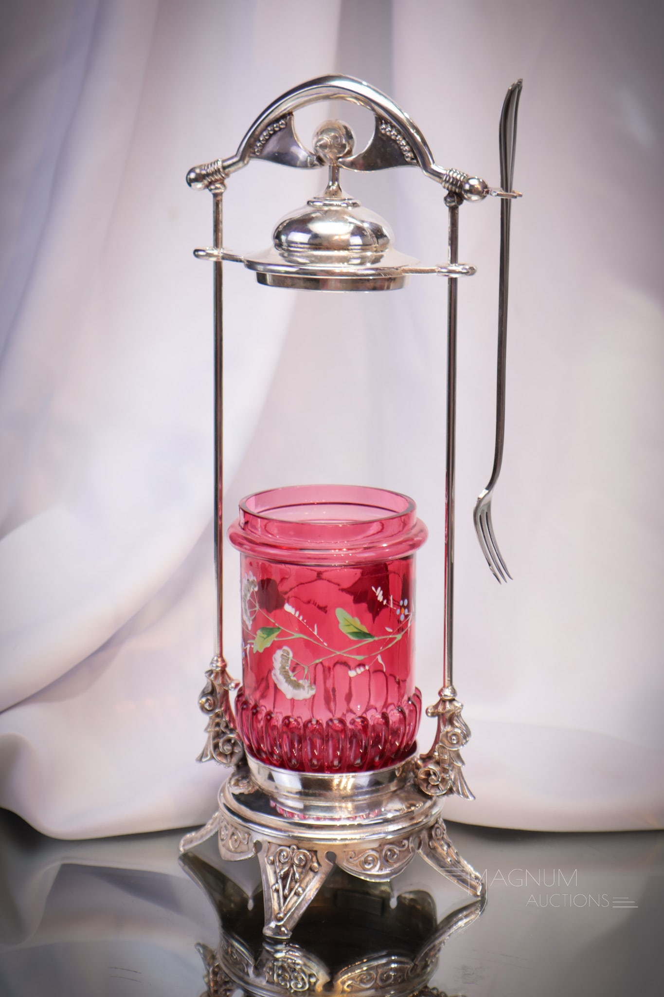 Rogers Silverplate Victorian Cranberry Enameled Mechanical Pickle Castor (1 of 11)