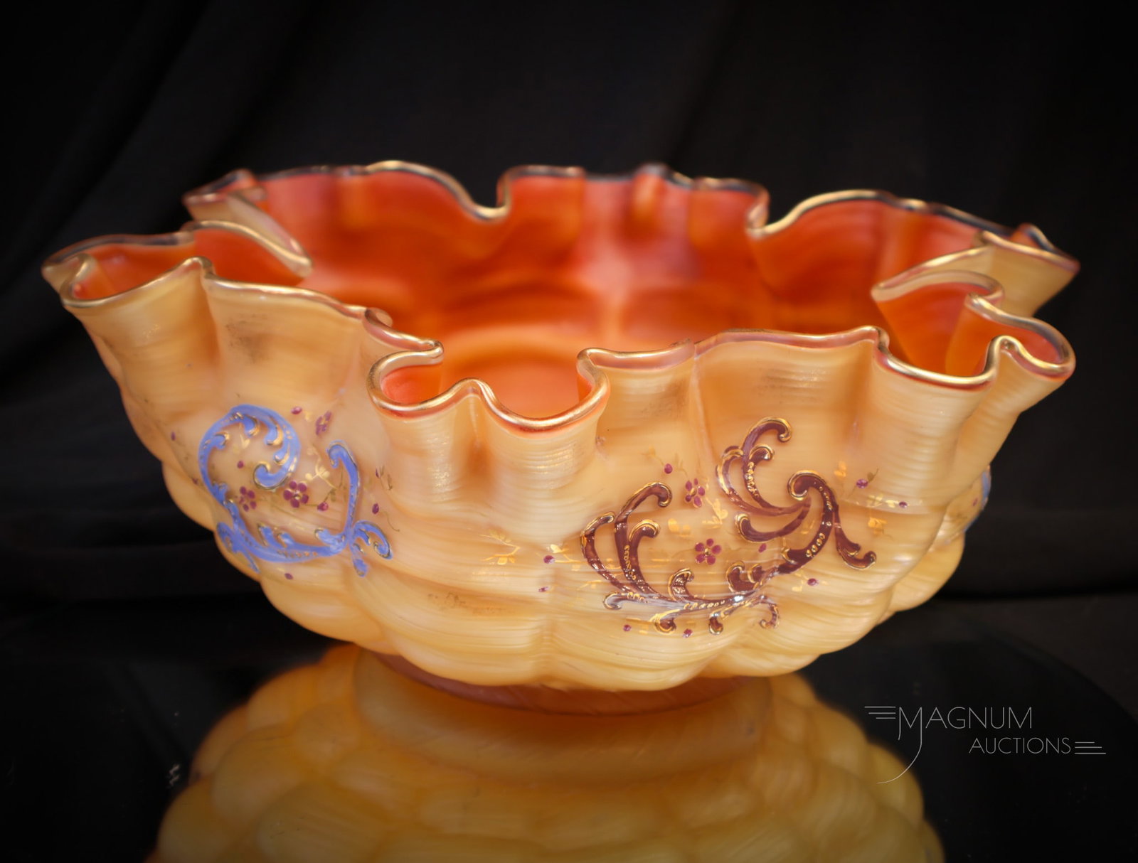 Victorian Sunset Melon Ribbed Gilt Enameled Victorian Glass Brides Bowl: Gorgeous ombre' sunset gilt enameled Victorian glass brides bowl. This fine example has melon ribbed for pleasure form and notable gilt and enameled decoration. Bowl measures 4 1/2" tall, 10 3/4" wide