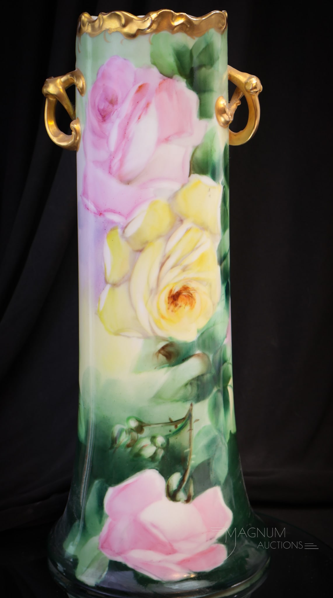 W.G. & Co. Limoges France Pretzel Handle 15" Roses Hand Painted Porcelain Vase: Big beautiful roses adorn this classic Limoges french porcelain vase. This along with gilt trim and pretzel handles only add to the drame. Vase measures 15 1/4" tall.
