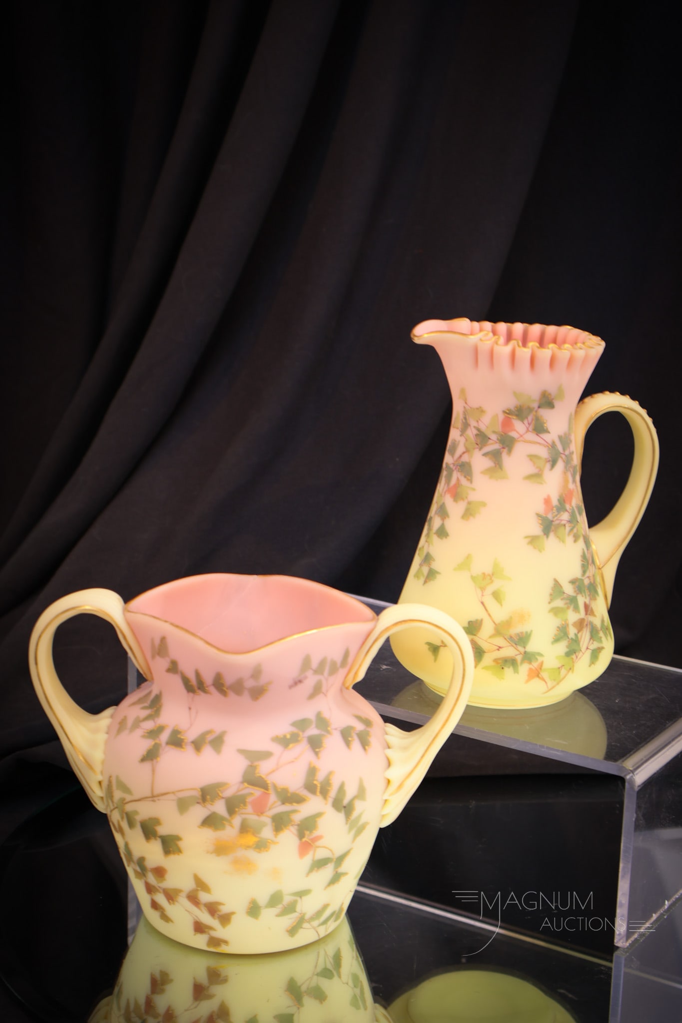 Mt. Washington Burmese Decorated Glass Victorian Creamer & Sugar (1 of 12)