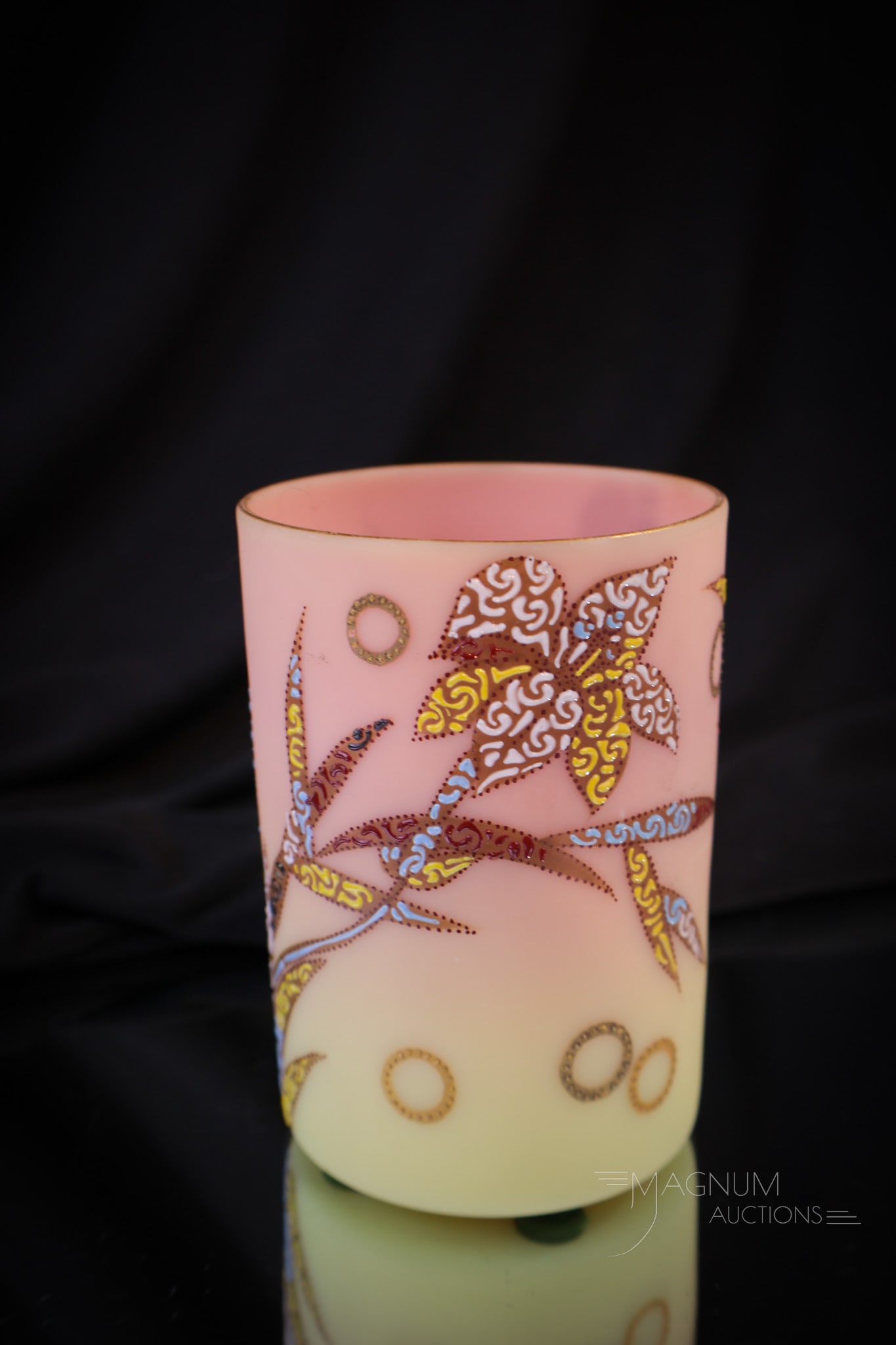 Mt. Washington Burmese Glass Tumbler Raised Enameled Decoration (1 of 8)