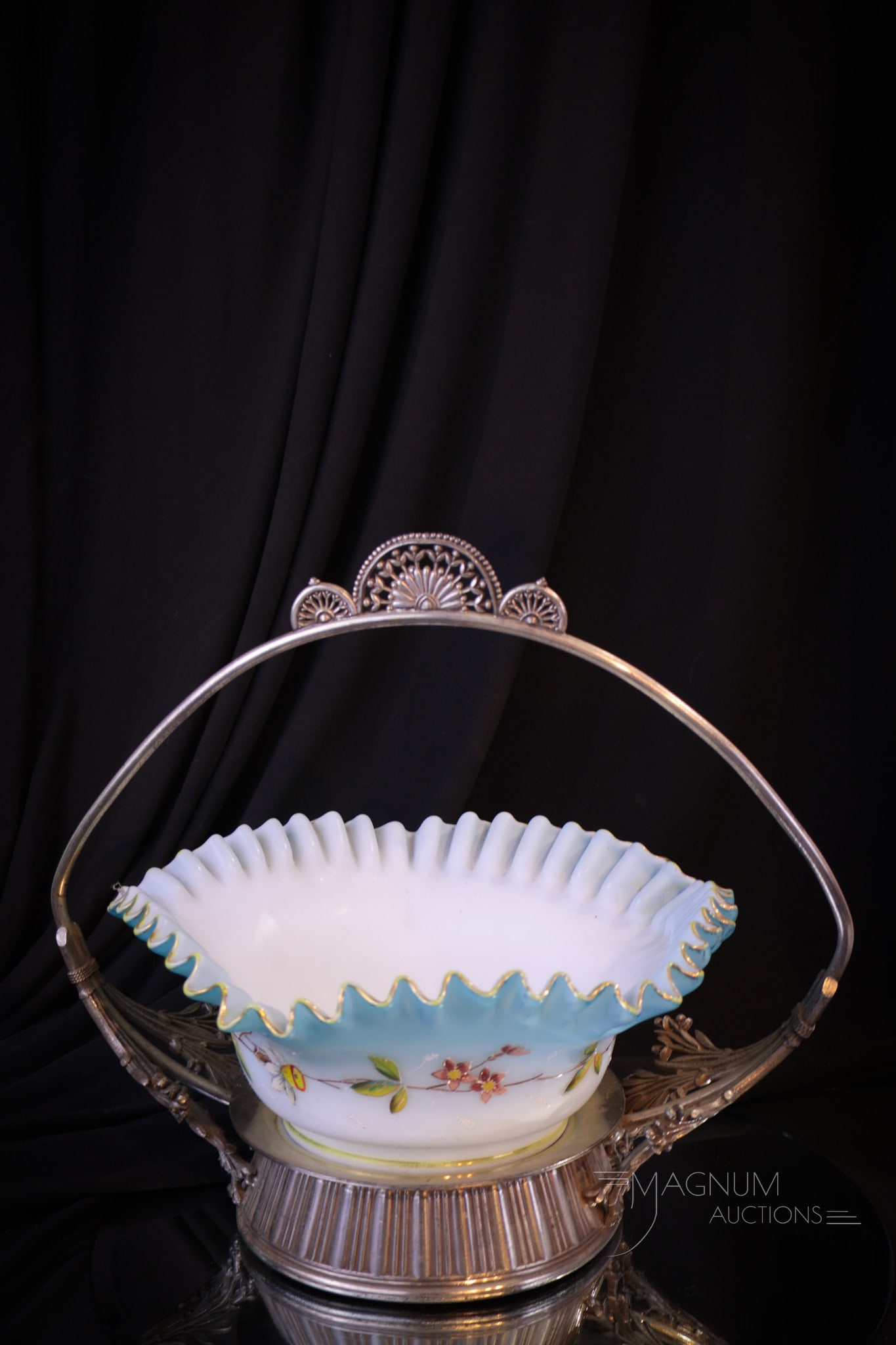 Meriden Silverplate Victorian Satin Enameled Glass Brides Bowl Basket (1 of 13)