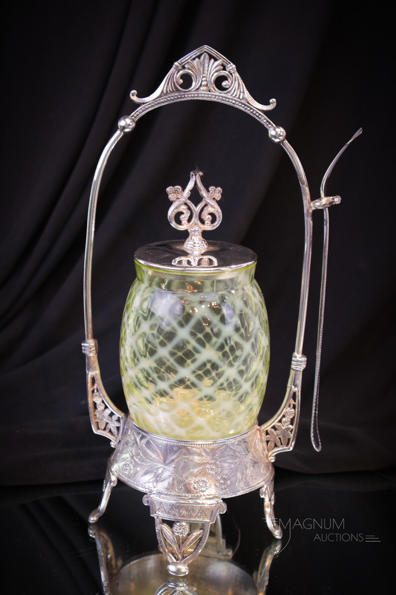 Victorian Silverplate Vaseline Opalescent Lattice Pickle Castor (1 of 8)