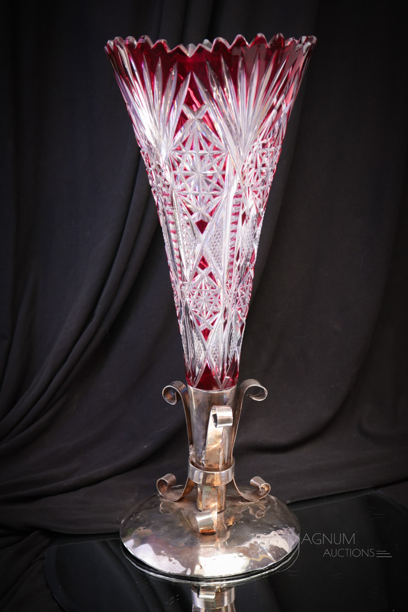 Cranberry Cut to Clear Glass in Silverplate 15" Vase (1 of 15)