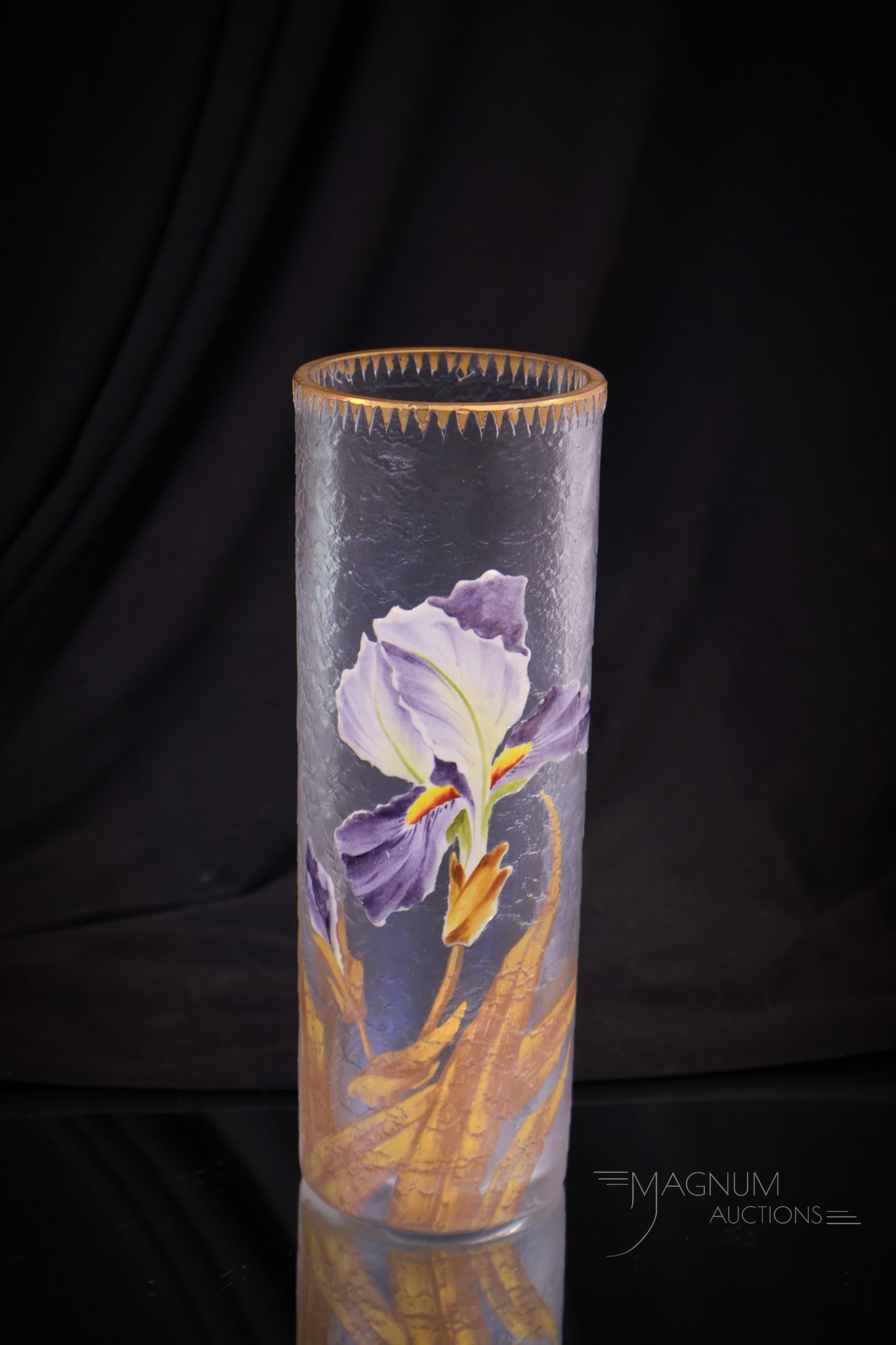 Mont Joye Acid Textured Enameled Iris Glass 8" Vase (1 of 6)