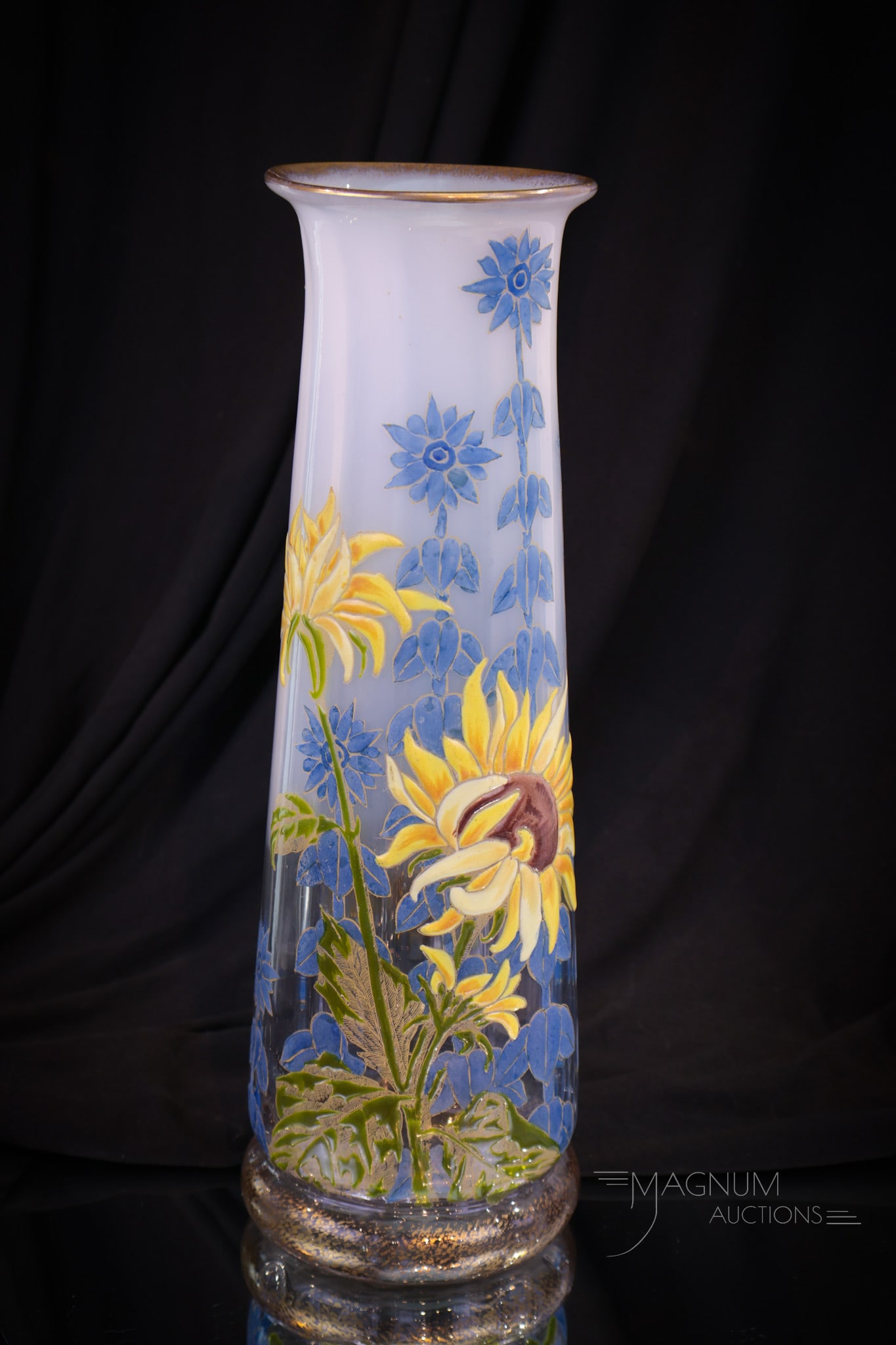 Legras Mont Joye Opalescent 12" Sunflower Enameled Glass Vase (1 of 8)