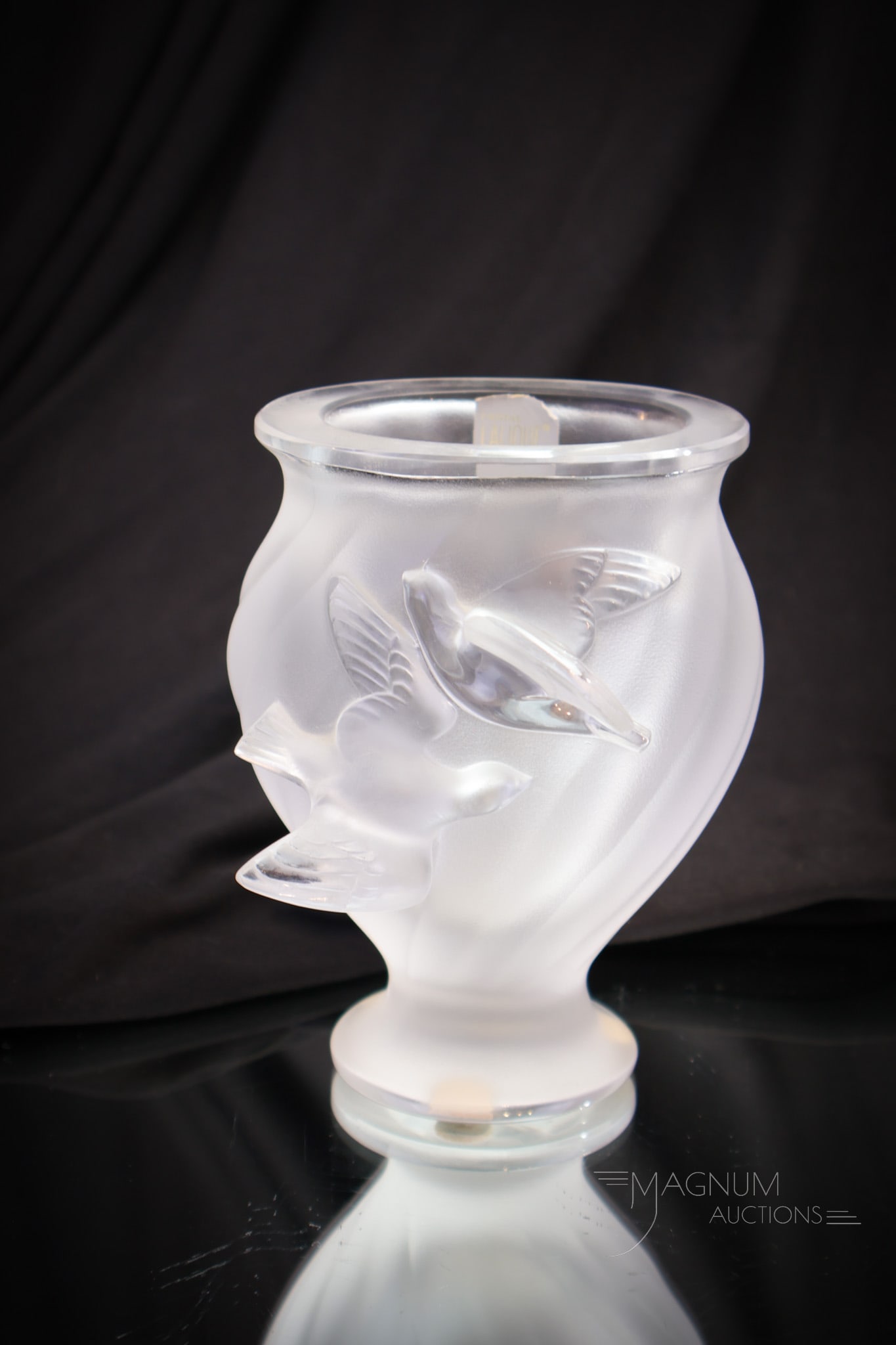 Signed Lalique French Crystal Rosine Dove Vase: Fine signed Lalique Rosine crystal dove adorned vase. Vase measures 5" tall.