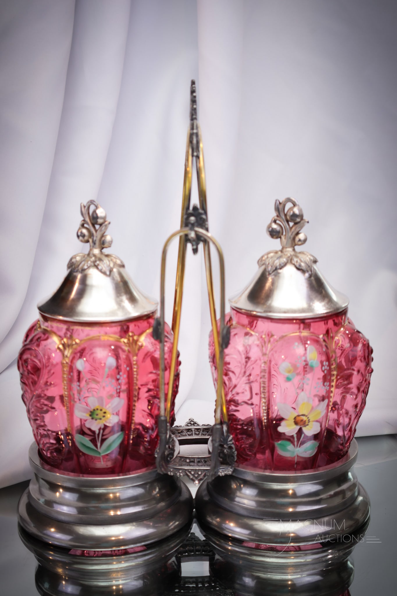 Victorian Double Silverplate Cranberry Northwood Enameled Glass Pickle Castor (1 of 8)