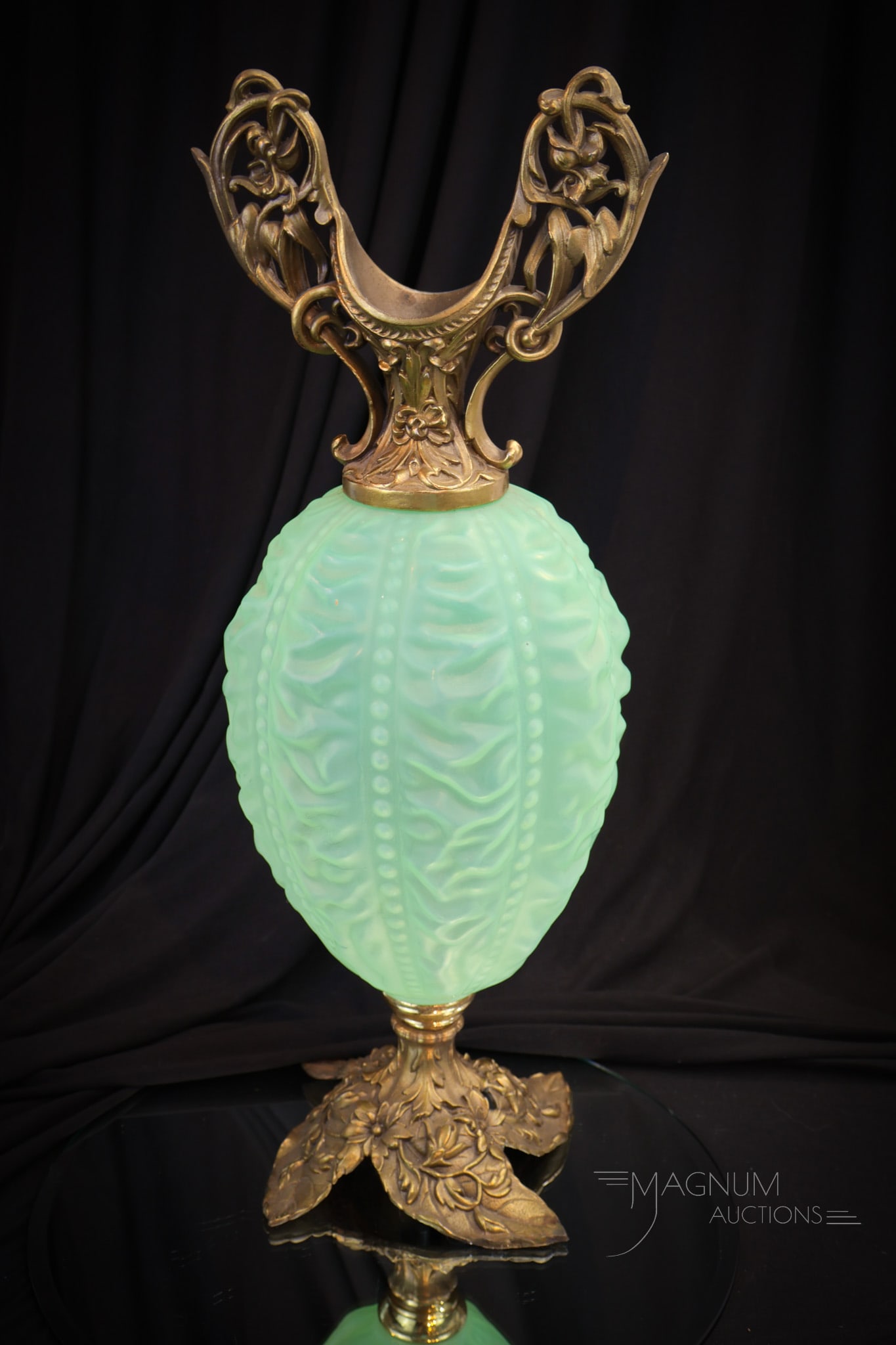 Rare Consolidated Uranium Green Satin Beaded Drape Victorian Mantle vase (1 of 10)