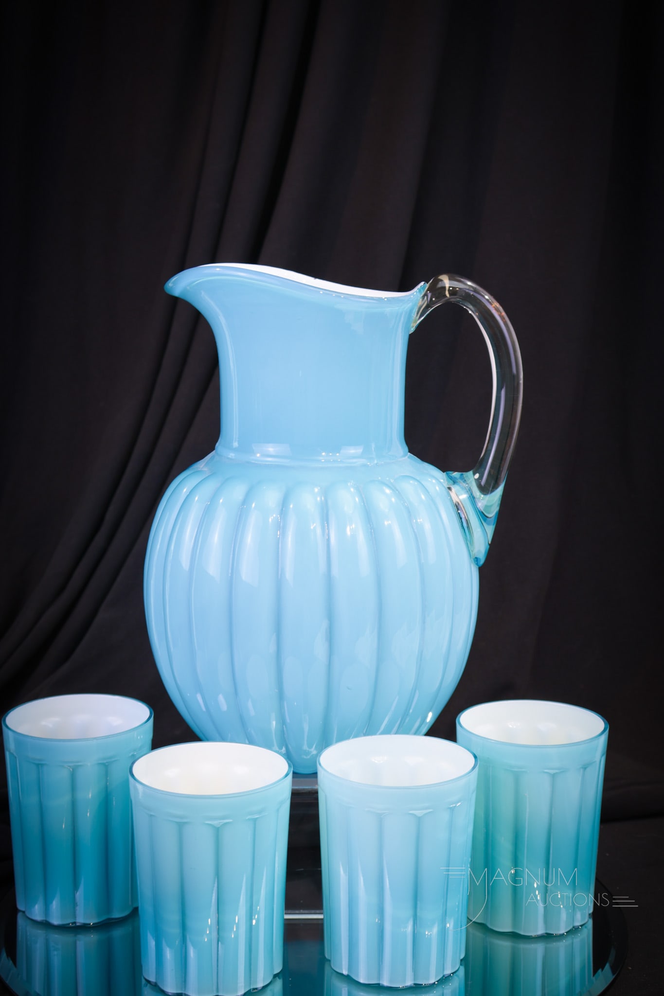 5 pc Fostoria Consolidated Victorian Glass Blue Cased Water Set (1 of 11)