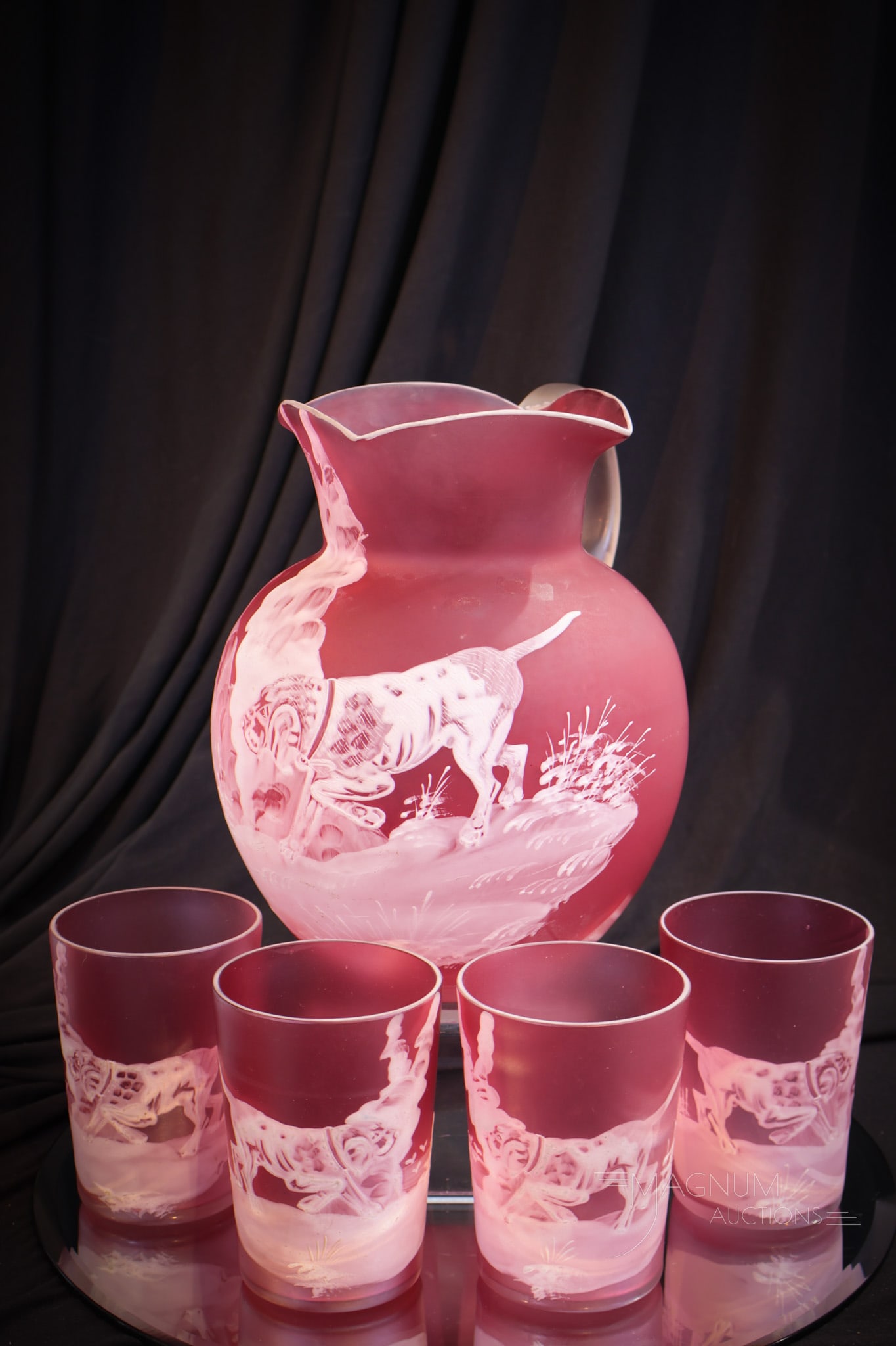 Scarce Cranberry Florentine Cameo Victorian Glass Hunting Dog Scene Water Set (1 of 12)