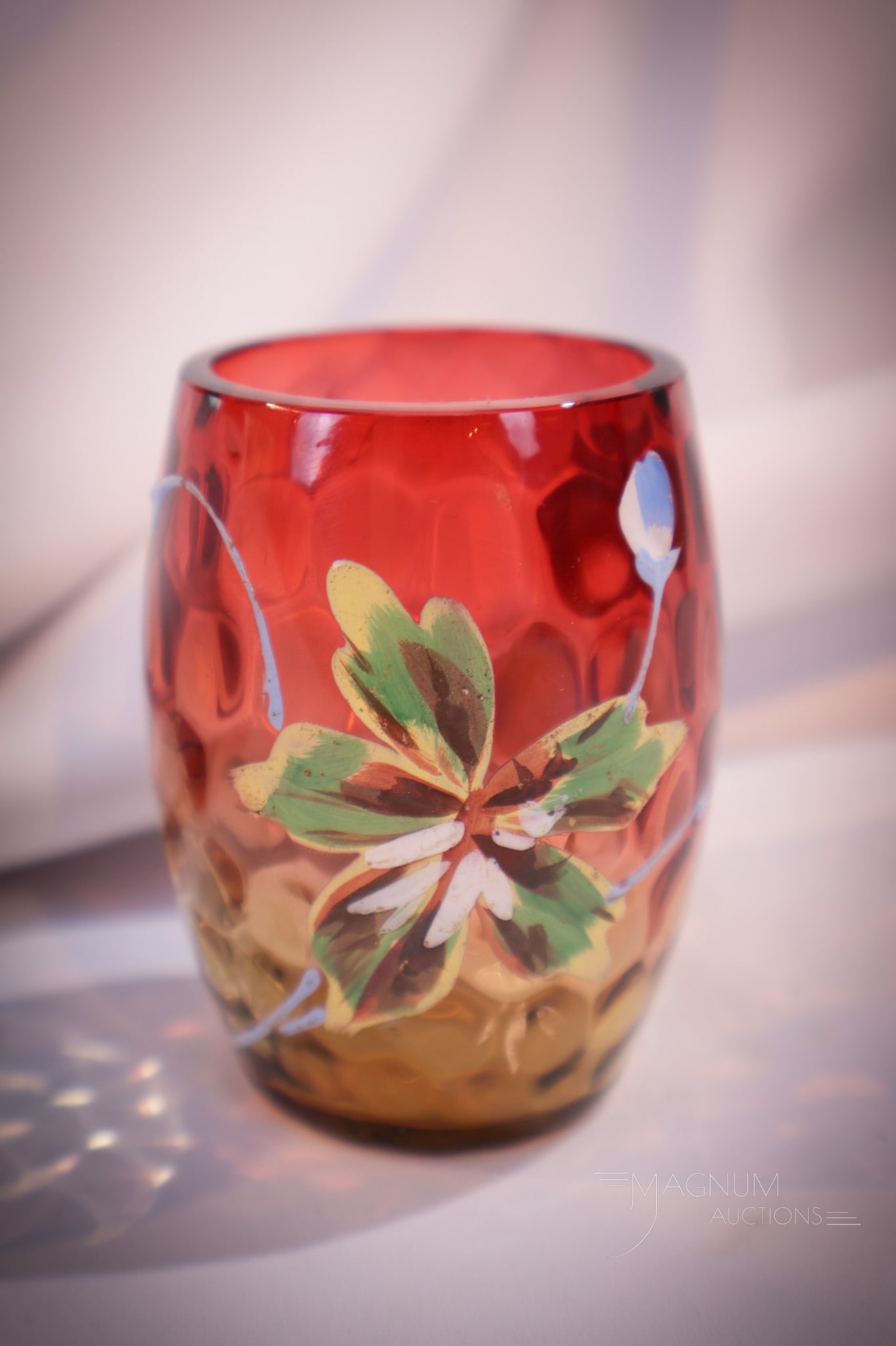 Amberina Victorian Enameled Glass Toothpick Holder: great find in this beautifully colored enamel decorated Victorian toothpick holder. Nice addition to the collection! This one measures 2 1/2". Provenance: This item is from the private collection of