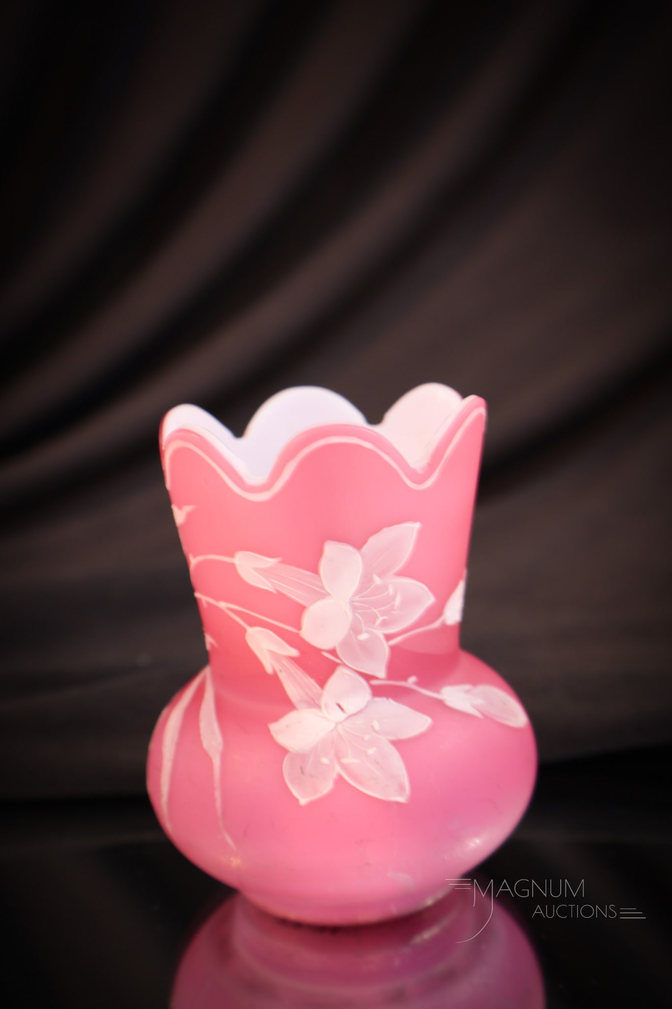 Webb Cased Victorian Glass Enameled Toothpick Holder: Nice! This fine toothpick holder of the Victorian era is in rose cased satin glass with enameled floral in white and crisp white cased interior. Measures 2 3/4" tall.