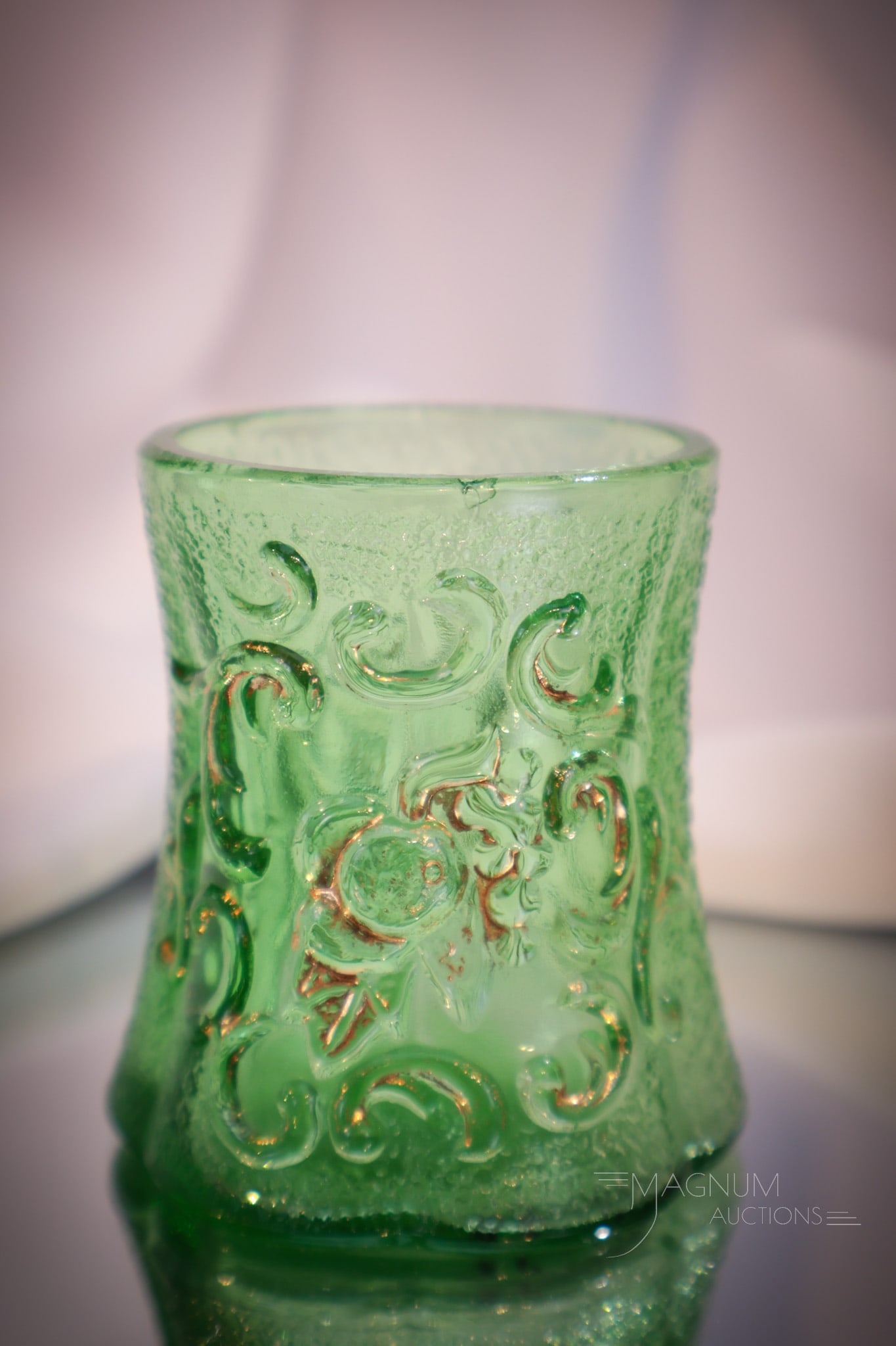 Rare Fostoria Victorian Glass Apple with Grape & Scroll Toothpick Holder: Seldom ever found nice Fostoria green with gold Apple with Grape and Scroll Victorian toothpick holder. Piece measures 2 1/2" tall.