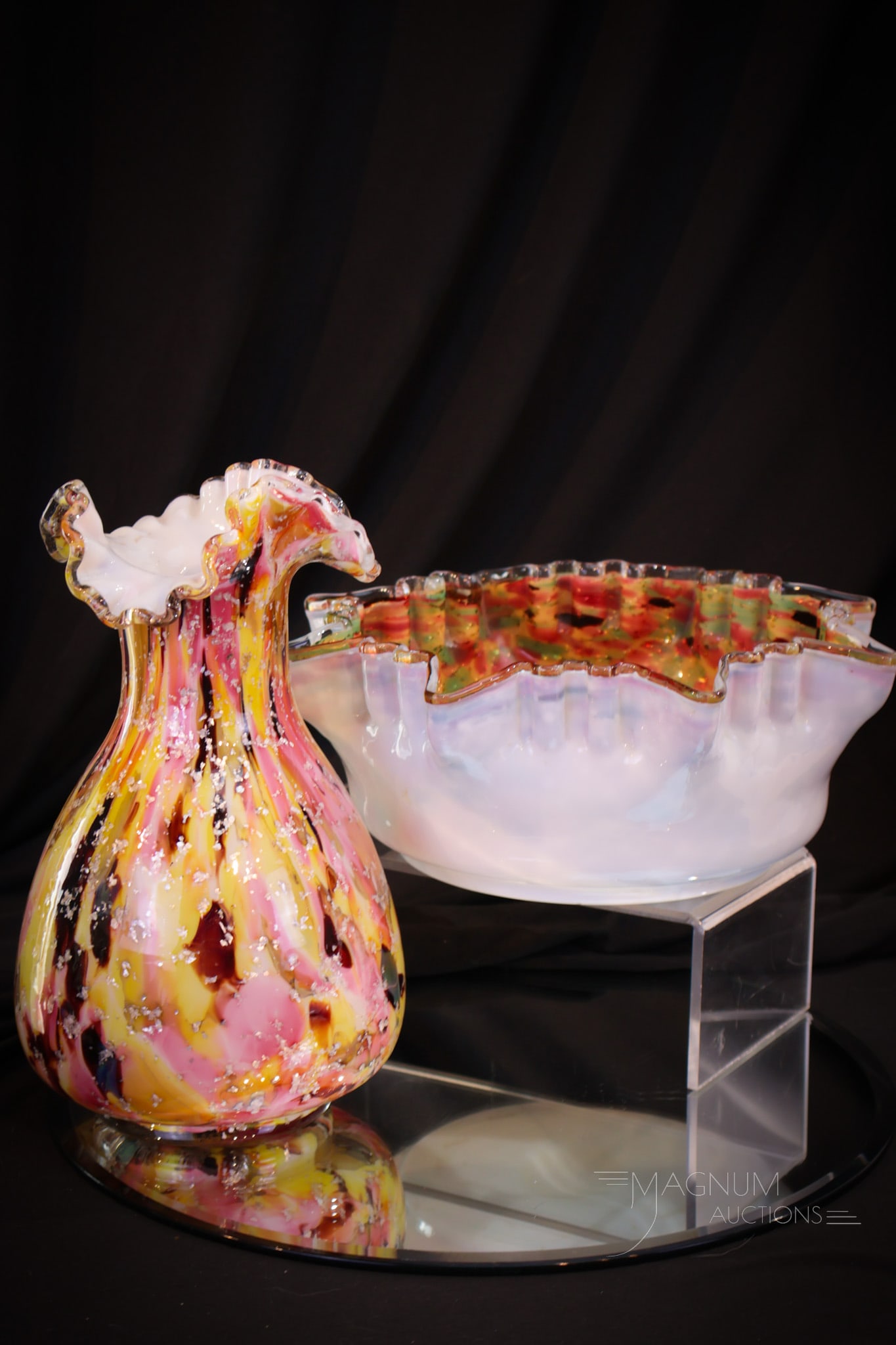 2 pc Lot Victorian Spangle Spatter Glass Vase & Brides Bowl (1 of 9)