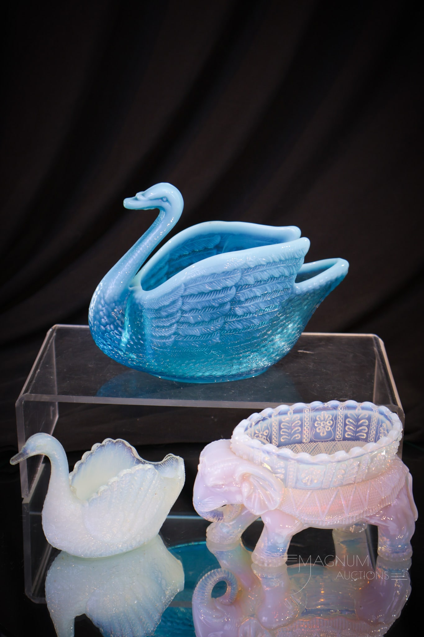 3 pc Lot Burtles & Tate Opalescent Victorian Glass Elephant & Swans (1 of 14)