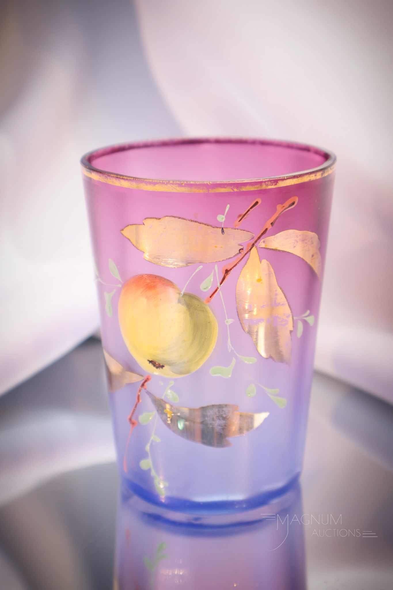 Victorian Bluerina Enameled Glass Tumbler: Very nice and seldom found Bluerina Victorian glass enameled tumbler. Tumbler with exceptional coloring. Measures 3 1/2" tall.