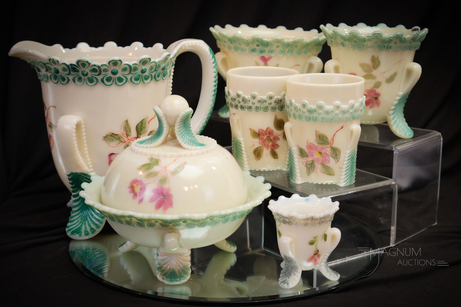 7 pc Lot Victorian U.S. Glass  Custard Decorated Vermont Pattern (1 of 11)