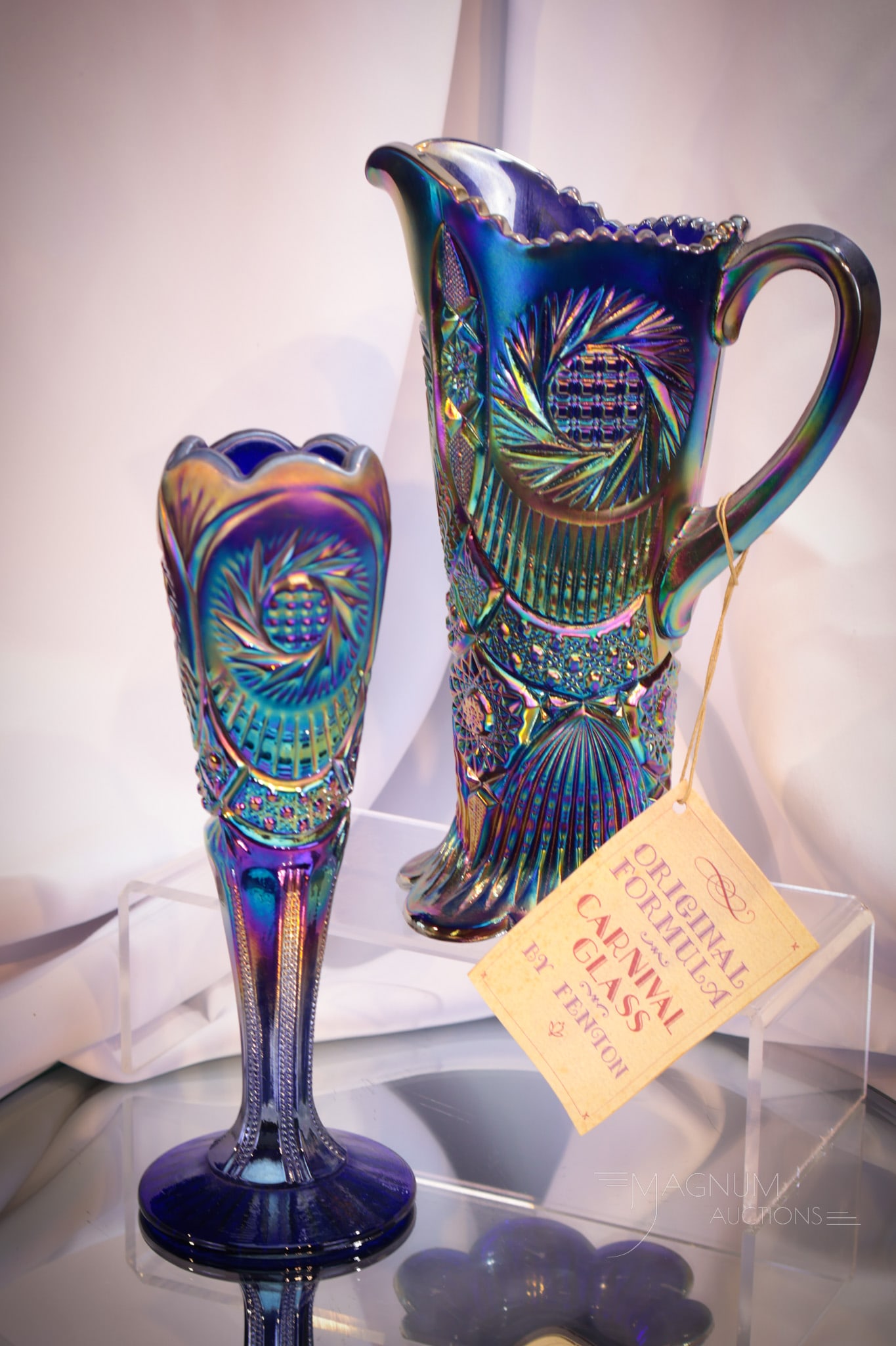 2 pc Lot Fenton Cobalt Carnival Pinwheel Glass Vase & Pitcher (1 of 12)