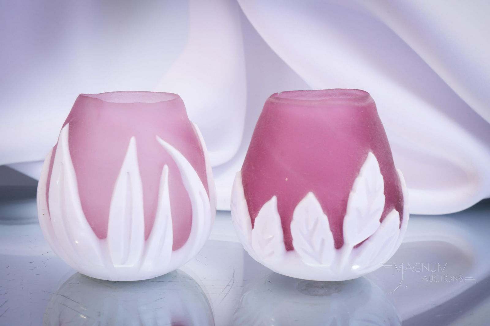 2 pc Lot Kelsey Murphy Pilgrim Glass Cameo Toothpick Holders: Two lovelies in Kelsey Murphy Pilgrim glass cameo toothpick holders. Each is sand carved. Foliage design is on each one. Tallest measures 2" tall.