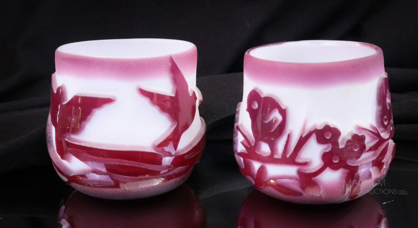 2 pc Lot Kelsey Murphy Pilgrim Glass Cameo Toothpick Holders: Two scrumptious designs in Kelsey Murphy Pigrim glass cameo toothpick holders. Each a pleasure to behold. Tallest measures 2".