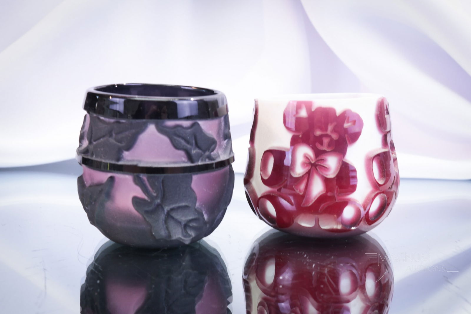 2 pc Lot Kelsey Murphy Pilgrim Cameo Glass Toothpick holders: Two delights to add to your collection. Each is a Kelsey Murphy Pigrim glass cameo example. One with Teddy Bears. The other is in a botanical design.