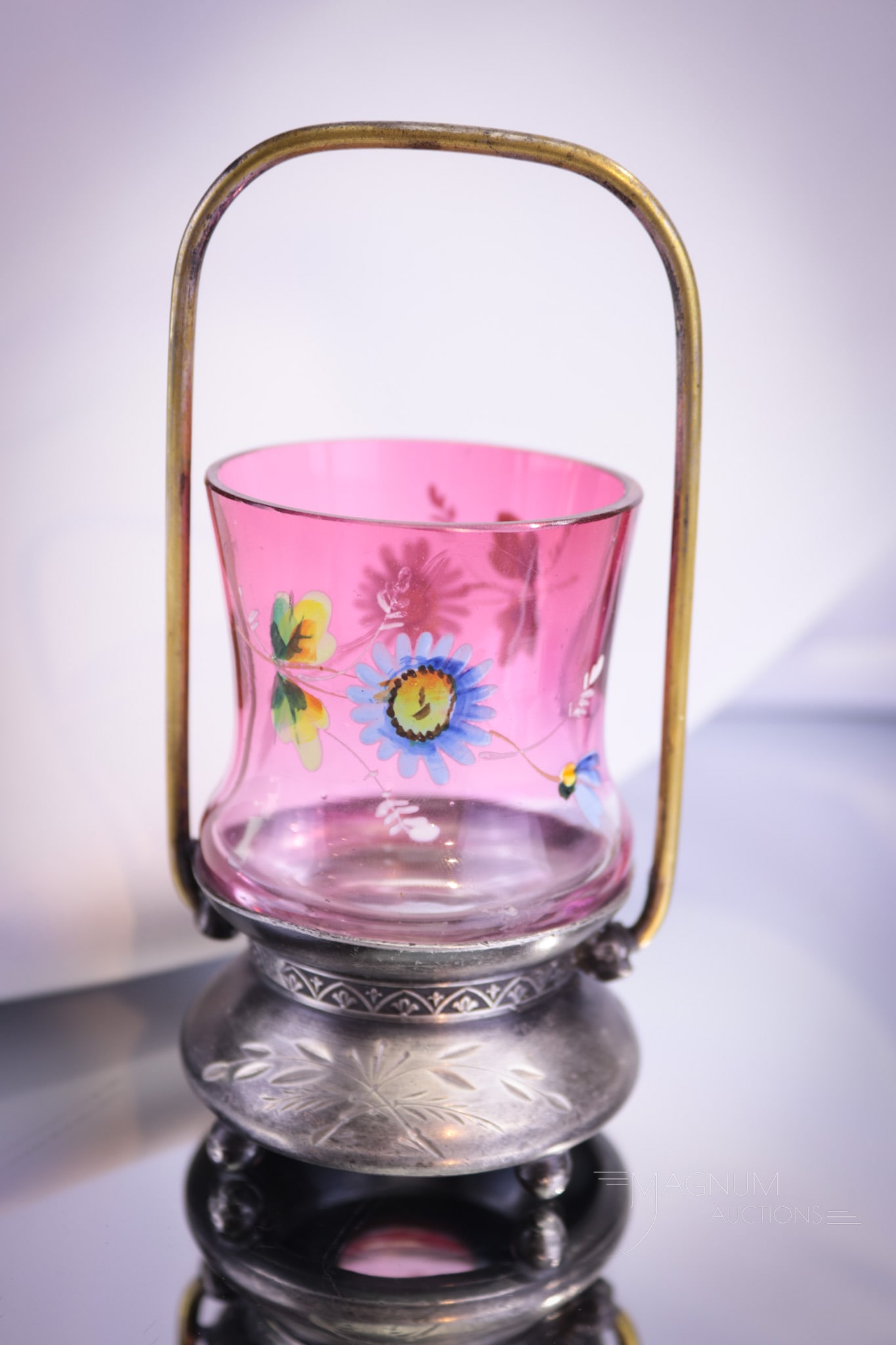 Victorian Aurora Silverplate Rubina Enameled Glass Toothpick Holder: A cutie here folks! This fine little gem of a toothpick holder is complete in it's original holder. Frame is signed Aurora silverplate. Piece measures 5 1/4" tall.