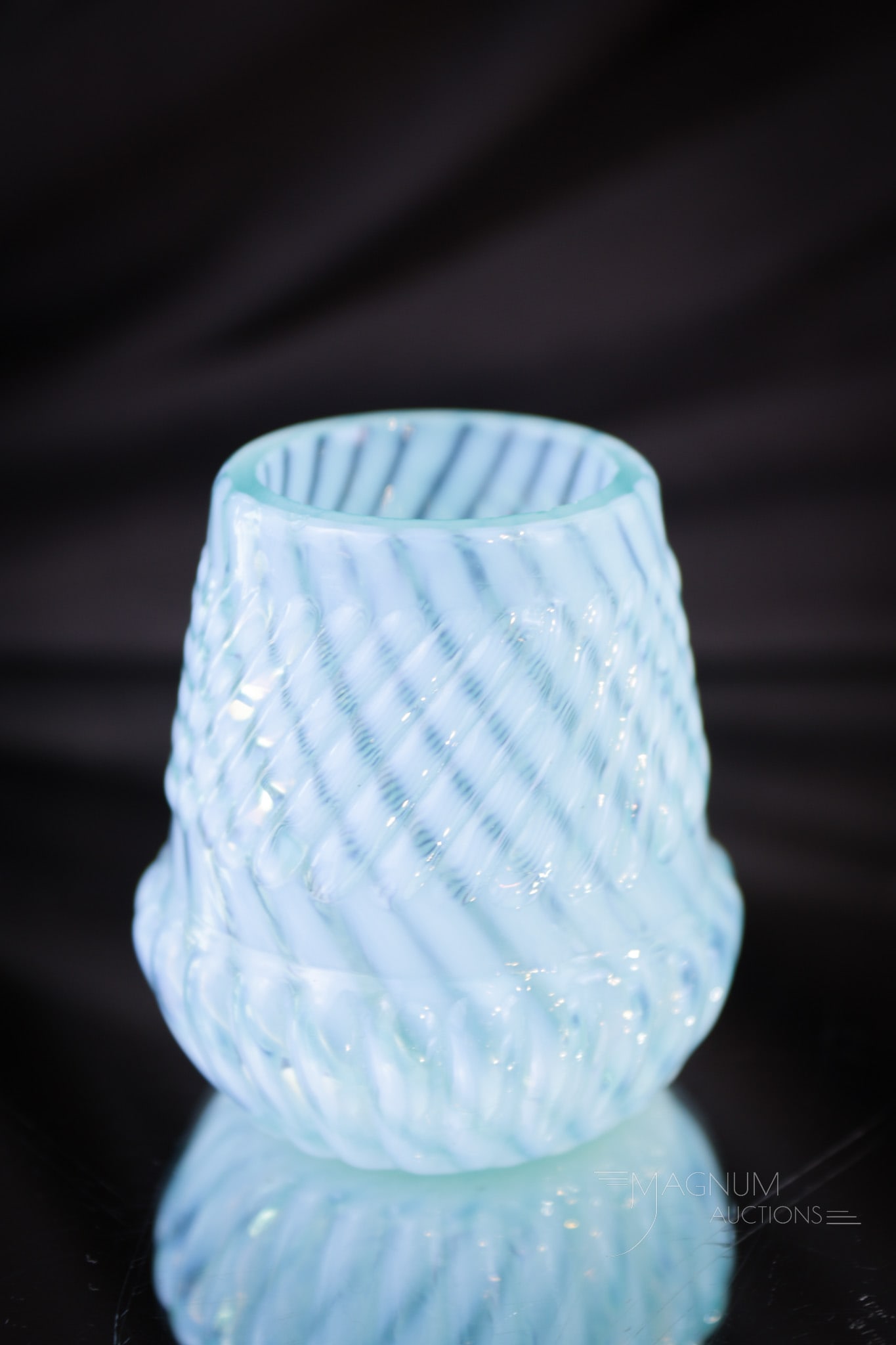 Northwood Victorian Blue Opalescent Chrysanthemum Base Toothpick Holder: A perfect example of a Northwood blue opalescent Chrysanthemum Base Swirl pattern toothpick holder. This one with the best color and opal. Original rim as well. Pickies stand up and take note of this