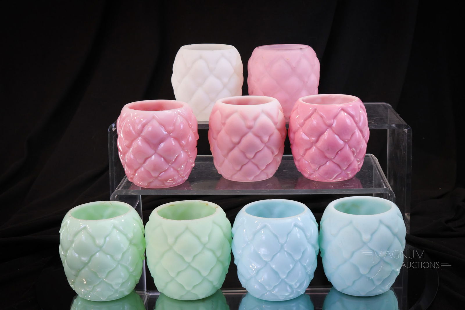 9 pc Lot Fostoria Consolidated Glass Cone Toothpick Holders: What a collaboration we have for your bidding pleasure! One as nice as the next. Various colors to satisfy your deepest desires. Each of these fine toothpicks in the cone pattern is by Fostoria Consol