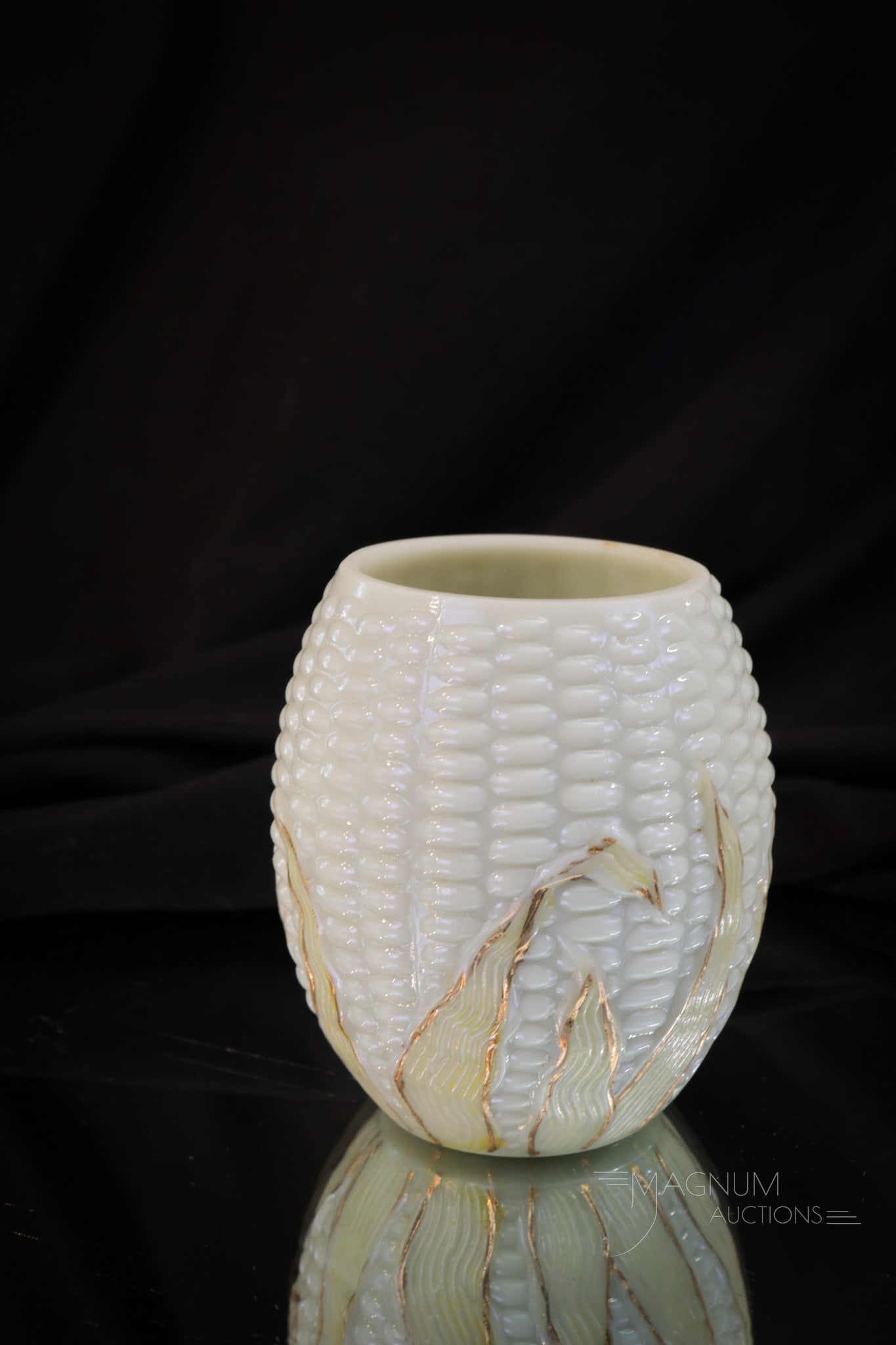 Libbey Maize Victorian Custard Glass Toothpick Holder: Super example of a Libbey Maize custard glass toothpick holder with gold trim and yellow husk. Nice piece and seldom found. It measures 2 1/4" tall.