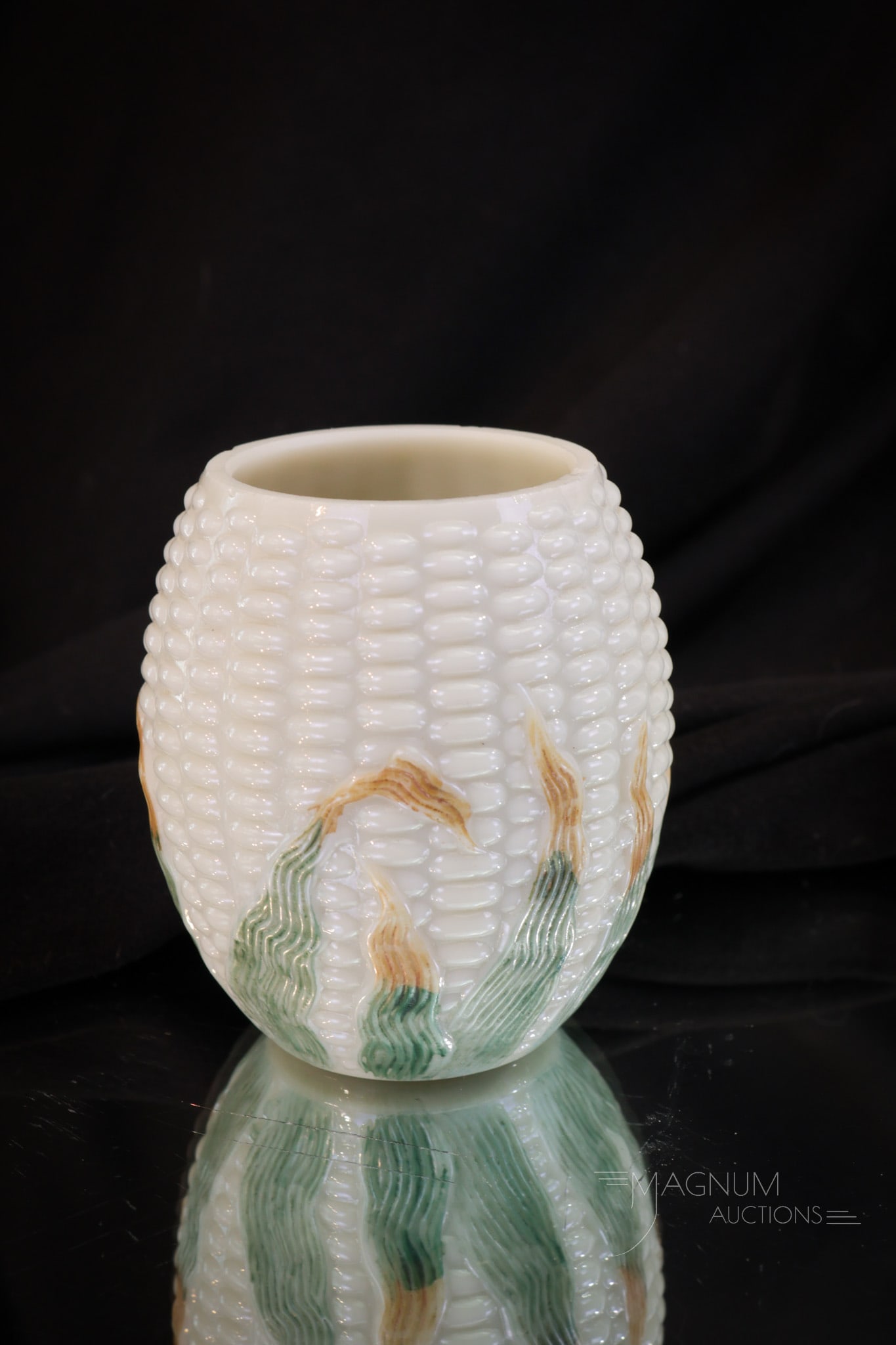 Libbey Maize Victorian Custard Glass Toothpick Holder: Fine find in this Libbey Maize Victorian Glass toothpick holder. This example has green and brown husks. It measures 2 1/4" tall.