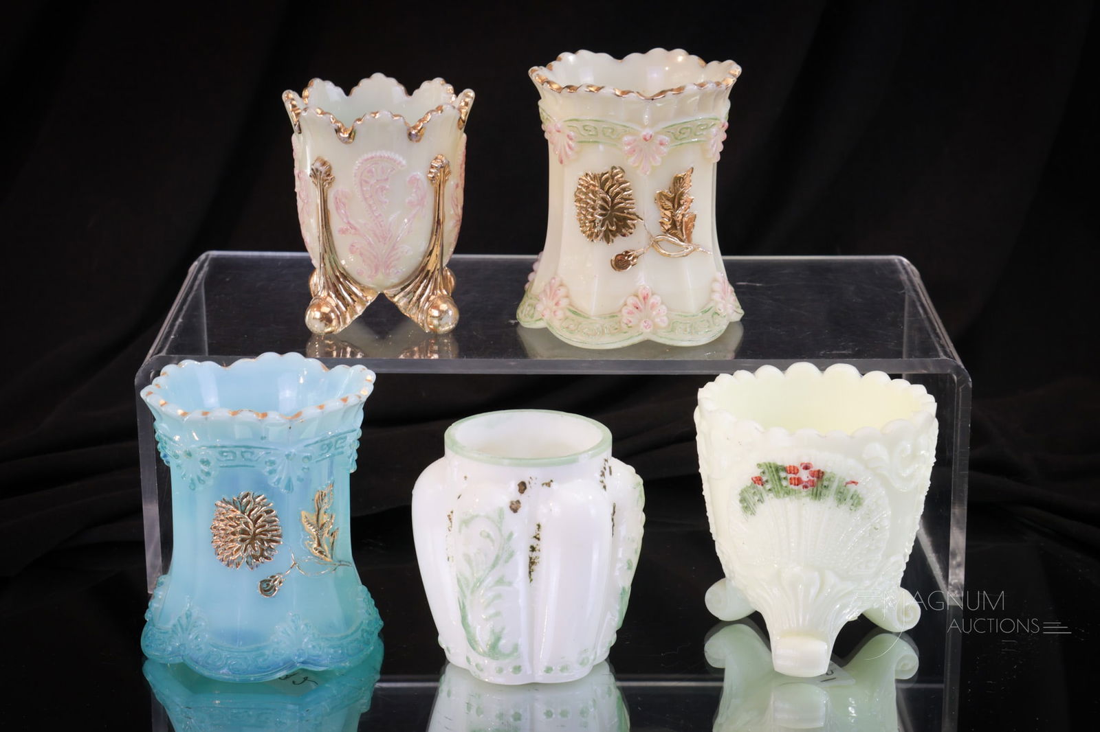 5 pc Lot Victorian Northwood Glass Toothpick Holders: Generous offering of five Northwood patterned Victorian glass toothpick holders. Patterns such as Chrysanthemum Sprig, Inverted fan & Feather, Panelled Sprig. Lot also includes a McKee Geneva. Tallest