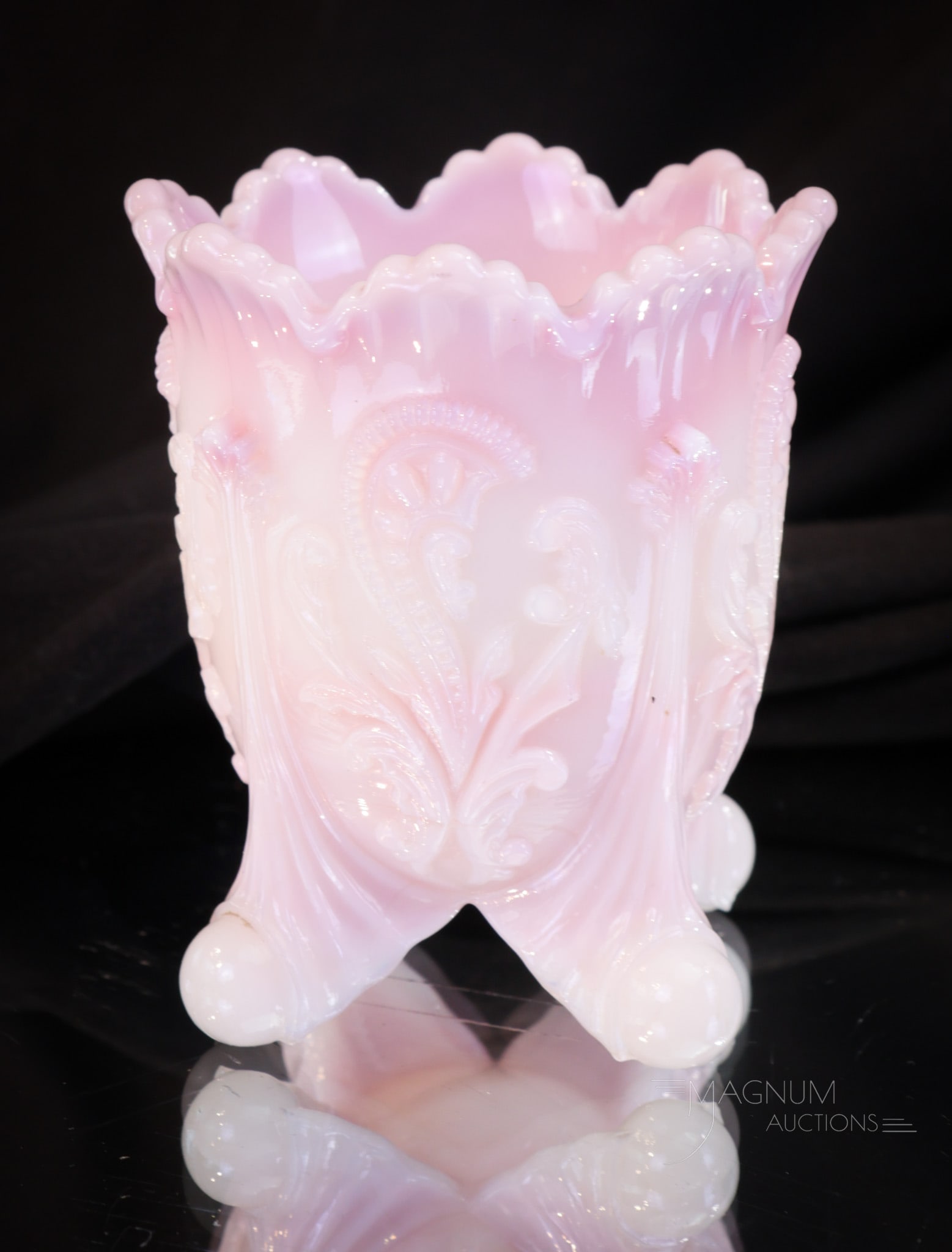Northwood Pink Slag Inverted Fan & Feather Victorian Glass Toothpick Holder: Pretty in pink Victorian Northwood pink slag glass toothpick holder in the ever-popular Inverted fan & Feather pattern. This one measures 2 1/2" tall.