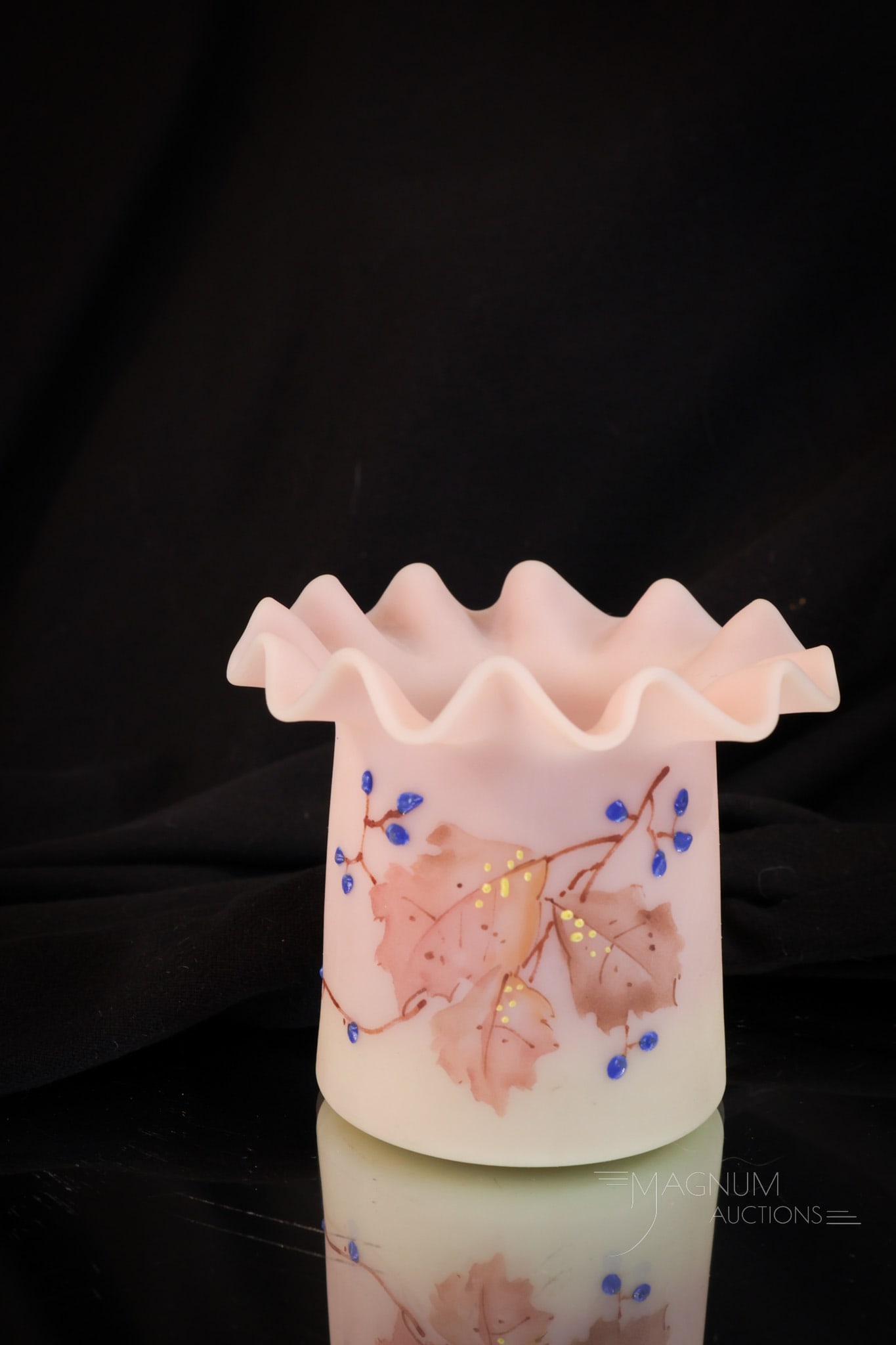 Mt. Washington Victorian Burmese Glass Toothpick Holder: A super fine example of the beautiful wares Mt. Washington Glass made back in the Victorian era. This burmese glass toothpick holder has ruffled rim and delicious brilliant blue berry decoration. Meas