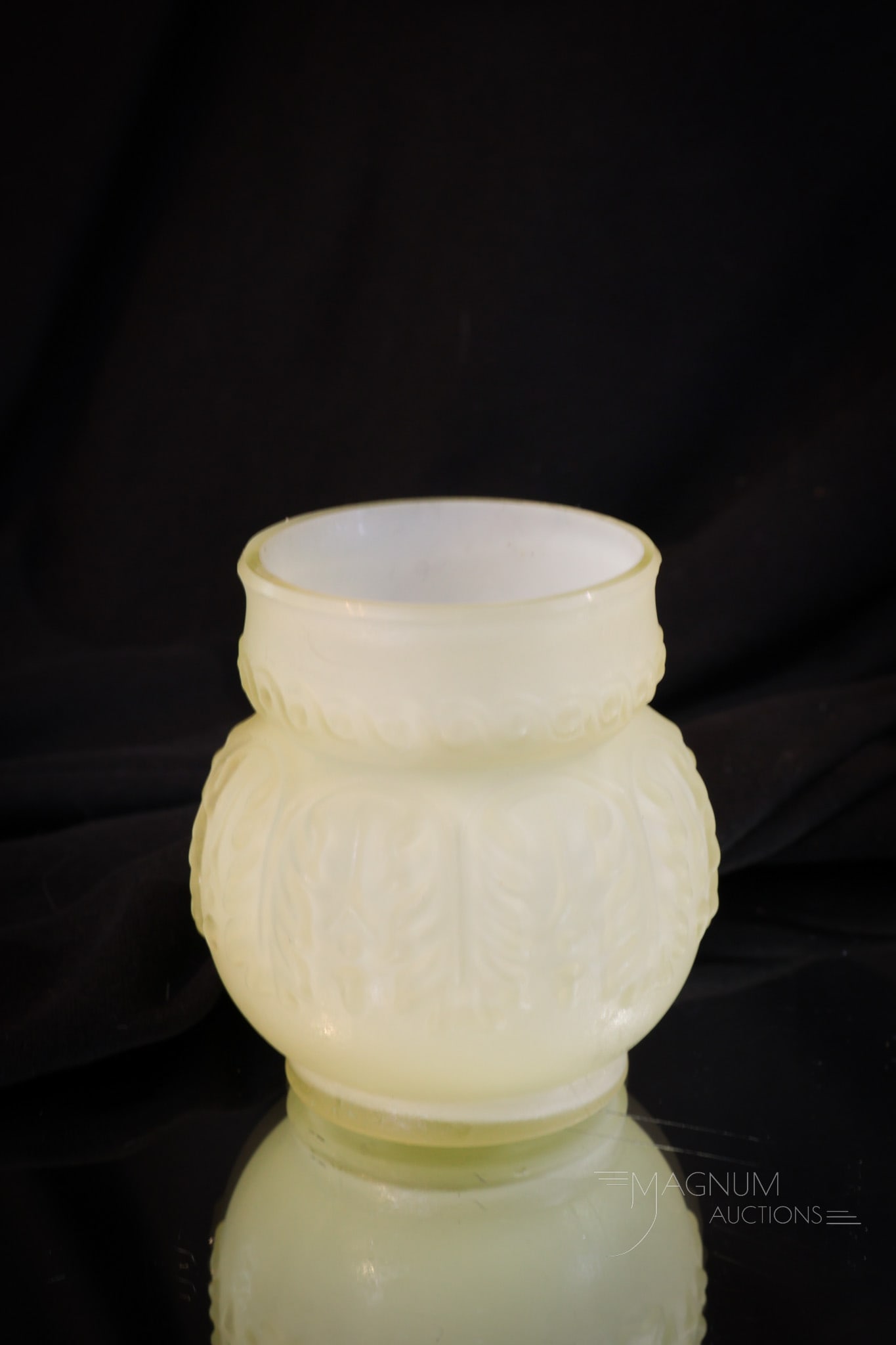 Northwood Lemon Leaf Umbrella Victorian Glass Toothpick Holder: Mouth puckering lemon-cased Leaf Umbrella pattern Northwood toothpick holder. This fine example with excellent color and pattern definition. A choice example. Toothpick measures 2 1/2" tall.