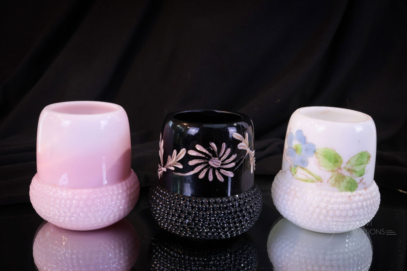 3 pc Lot Victorian Glass Acorn Topothpick Holders: Three wonderful Acorn pattern Victorian glass toothpick holders. Three fine colors to entice your inner collecting demon. Tallest measures 2 1/4" tall.