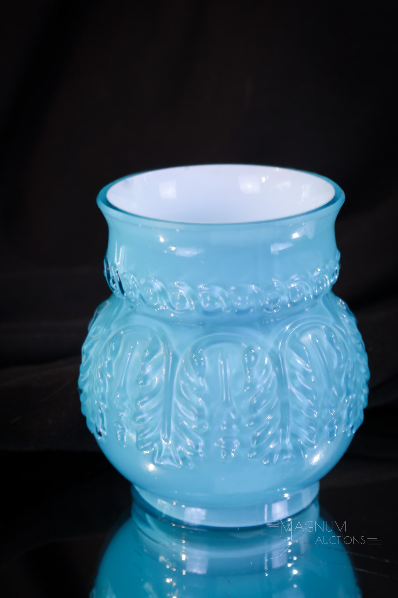 Northwood Leaf Umbrella Blue Cased Victorian Toothpick Holder: Brilliant blue cased Northwood Leaf Umbrella Victorian toothpick holder. Nice example and excellent coloring. Toothpick measures 2 1/2" tall. Very Minor inner rim flake is noted.