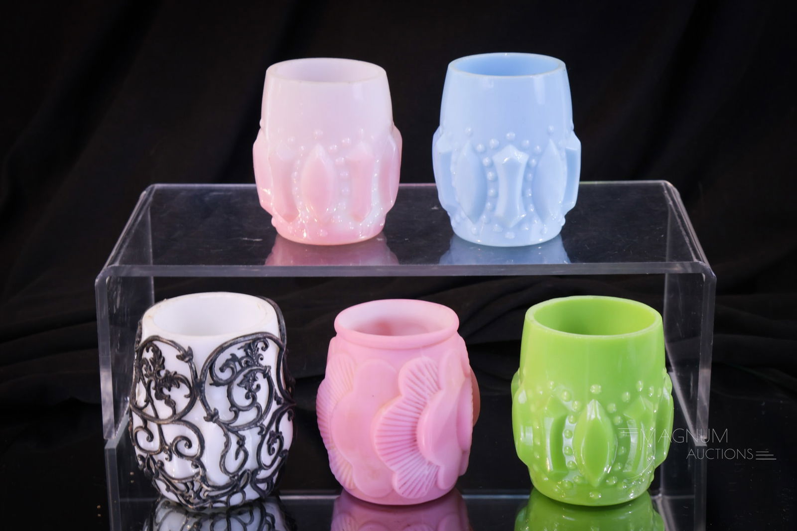 5 pc Lot "101" pattern Victorian Toothpick Holders: Five super finds in the "101" pattern in Victorian toothpick holders. Each unique in color. All with as-made inner rim flakes present. Tallest measures 2 1/4" tall.