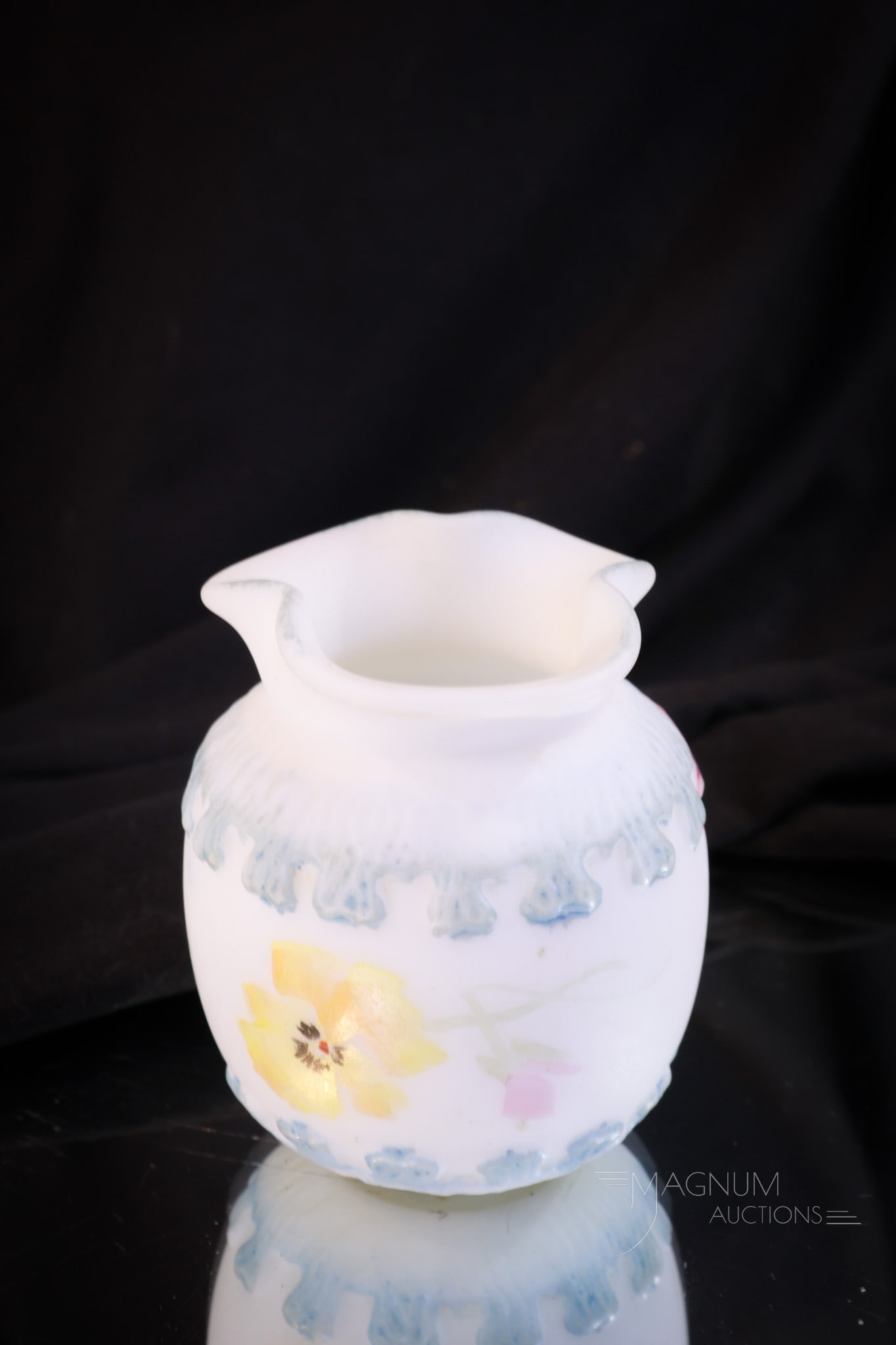 Mt. Washington Victorian Glass Toothpick Holder: Fine selection in Mt. Washington Victorian glass. This Parallel Greek Key pattern toothpick has excellent decoration of prolific pansies around the midsection. Toothpick measures 2 1/2" tall.