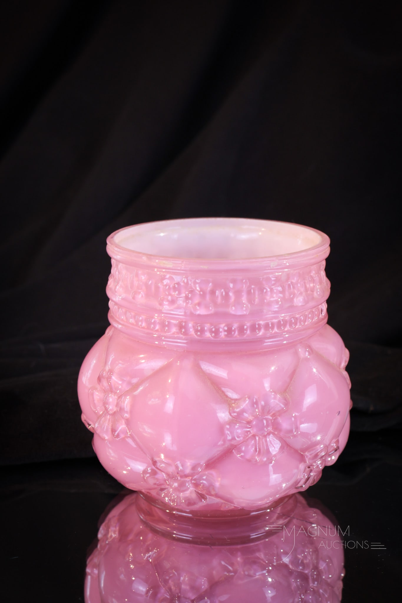Northwood Quilted Phlox Victorian Glass Toothpick Holder: What a pretty toothpick holder. This one has pleasant pink coloring and cased glass exterior. An ever-popular Northwood toothpick in the Quilted Phlox pattern. It stands tall at 2 1/2".