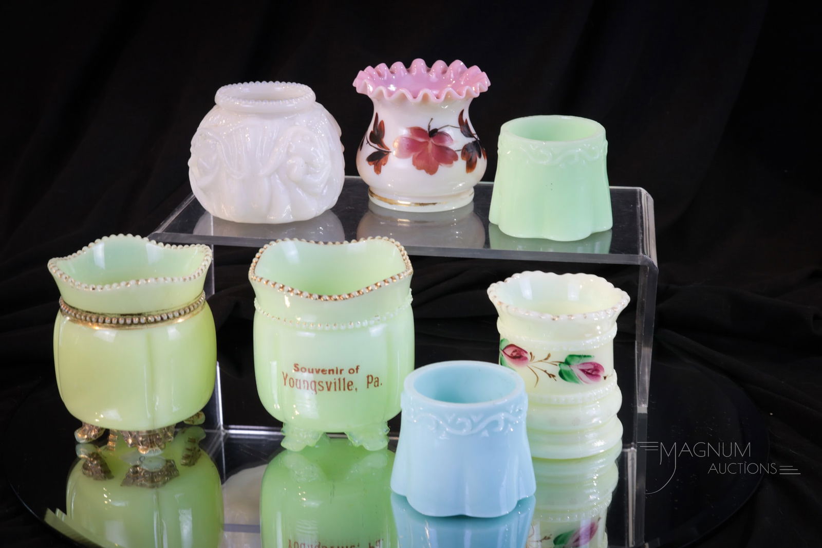 7 pc Lot Victorian Glass Toothpick Holders: An assortment sure to please. This fine family of toothpicks will surely bring a welcome smile to your face if you are lucky enough to win it. Each example included is a little unique delight. Tallest