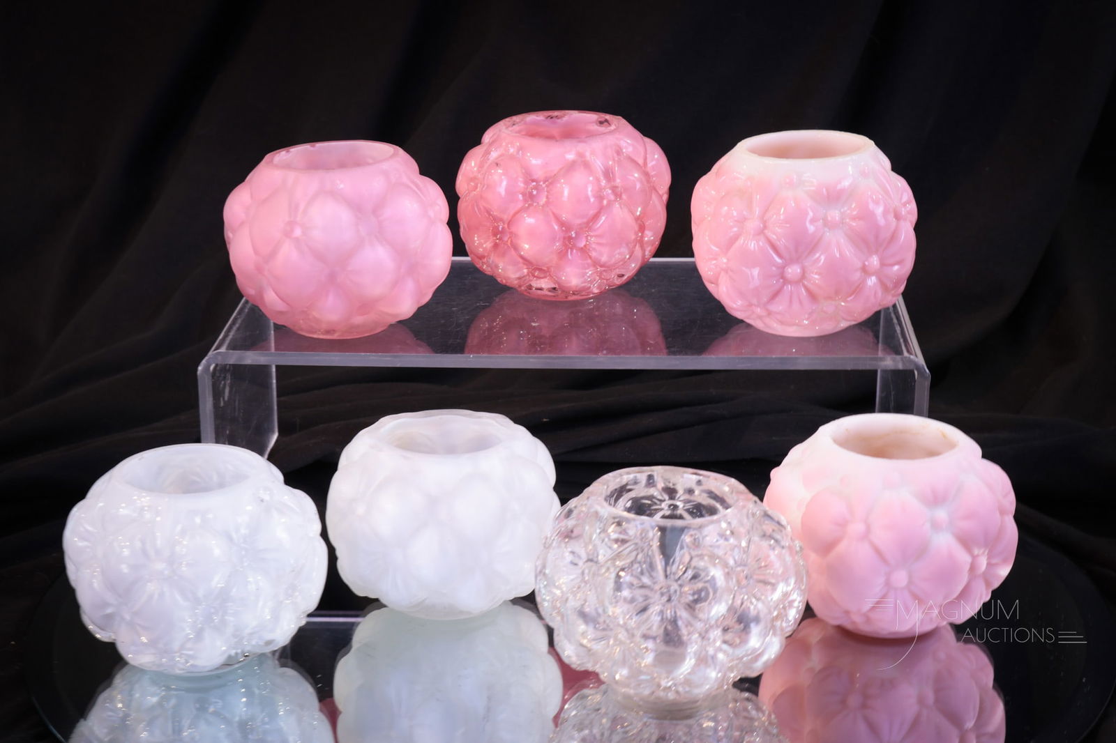 7 pc Lot Fostoria Consolidated Glass Florette Toothpick Holders: Such a fanciful lot of goodies in the ever-popular Florette pattern. This lot includes a seldom-seen clear example! Nice! Tallest measures 2" tall. Examples with as-made inner-rim flakes.