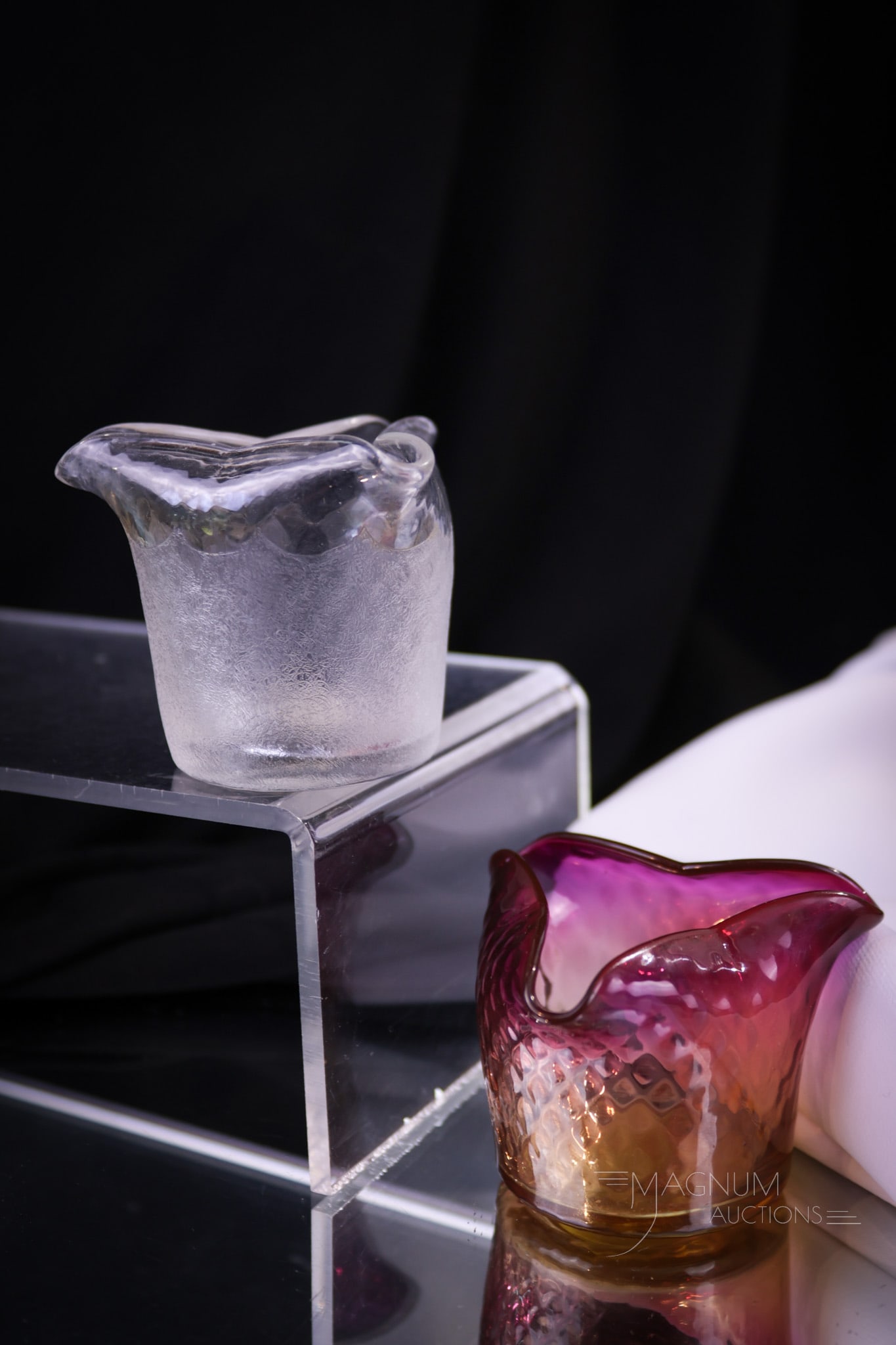 2 pc Lot New England Glass Victorian Toothpick Holders: Two selections that are a must have in any toothpick collection. Both tri-corner form. One in amberina diamond quilted. The other in Pomona. Tallest measures 2".