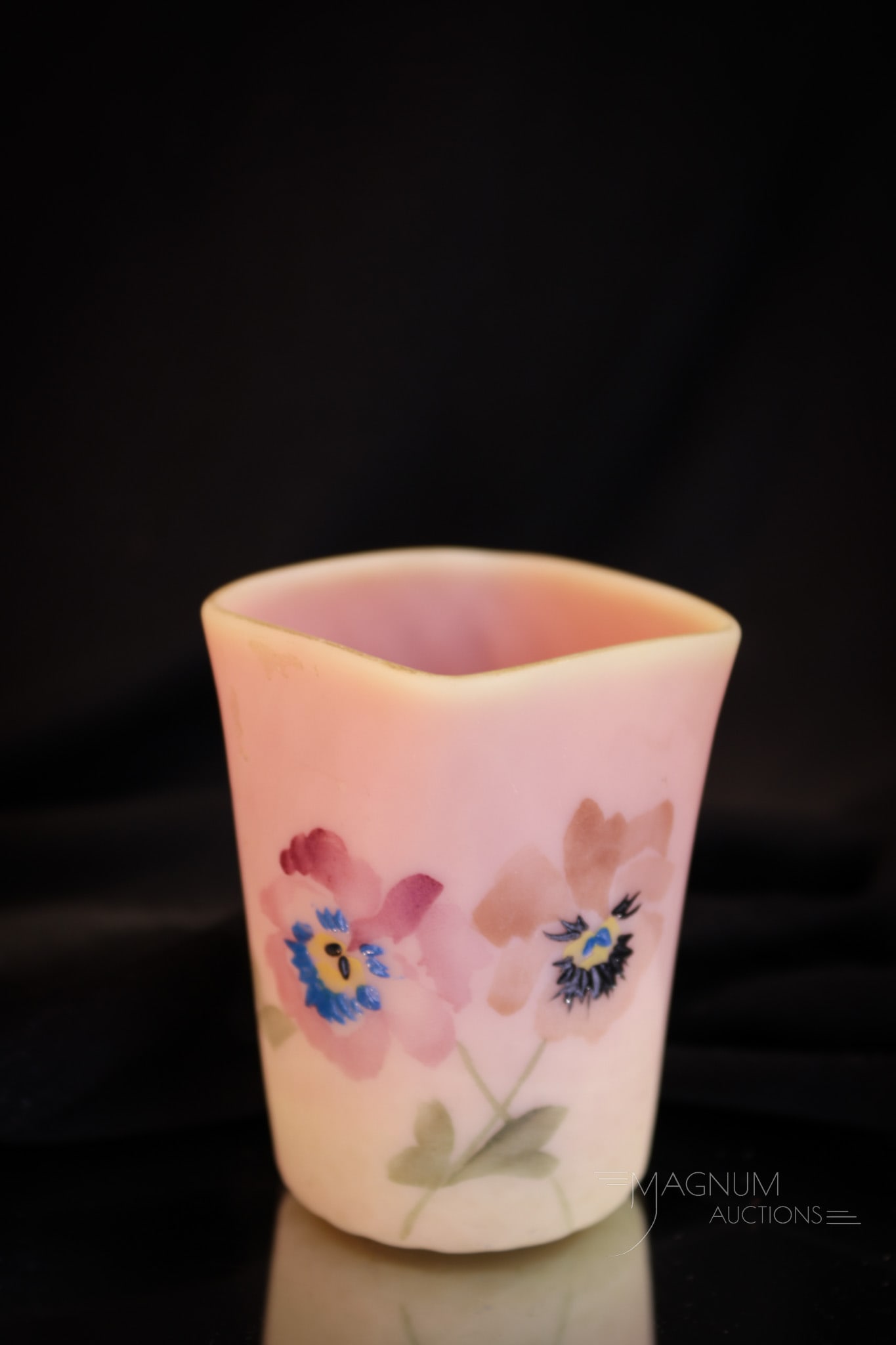 Mt. Washington Burmese Victorian Glass Toothpick Holder: Charming Victorian glass Mt. Washington burmese toothpick holder. This little cutie is decorated with pansy flowers around. Nice example! It measures 2 1/2" tall. Provenance: This item is from the pr