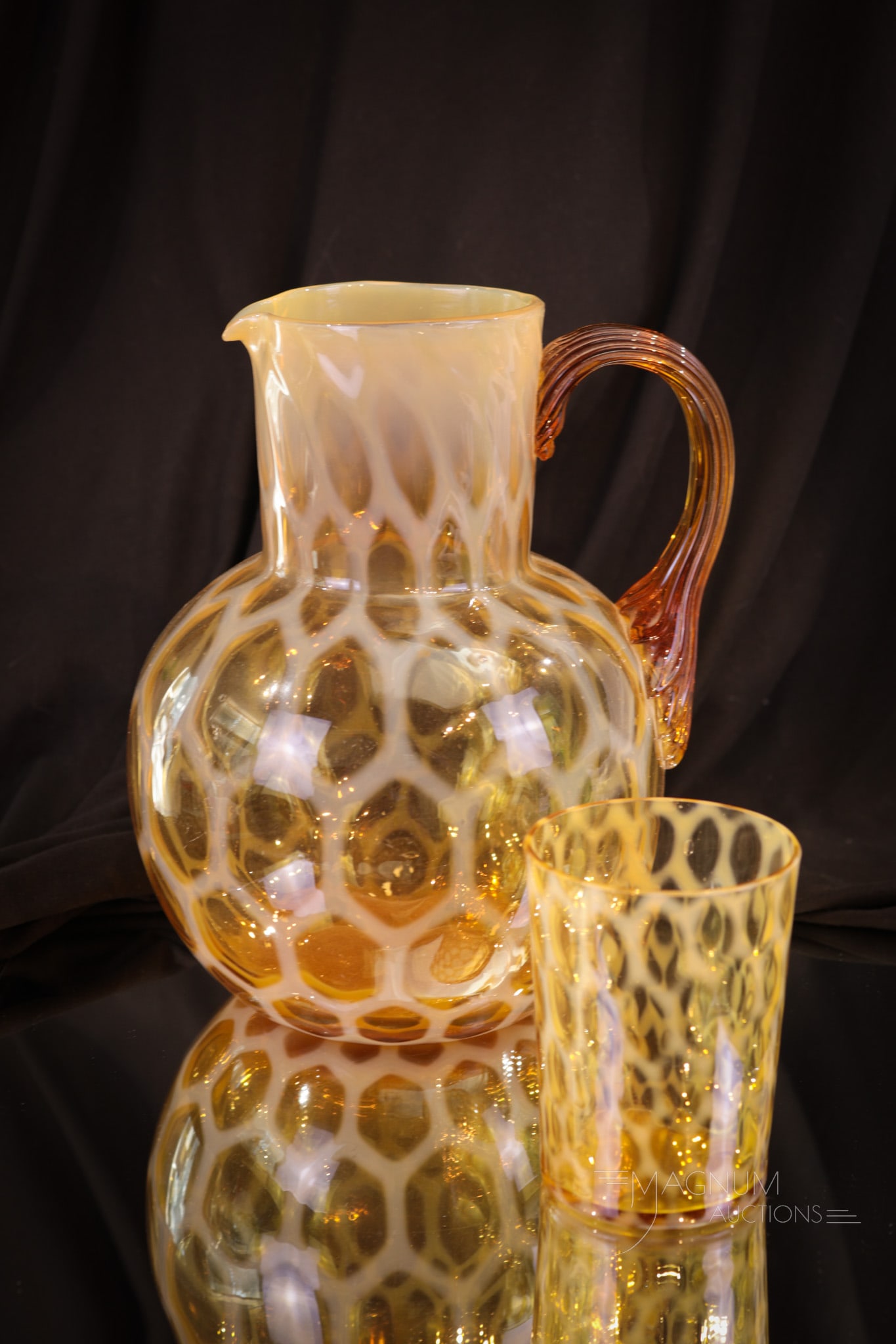 Amber Opalescent Honeycomb Victorian Glass Pitcher & Tumbler: Select offering of a deep honey amber opalescent water pitcher and matching tumbler in the Honeycomb pattern. Great pieces and seldom seen. Pitcher measures 8 1/2" tall.