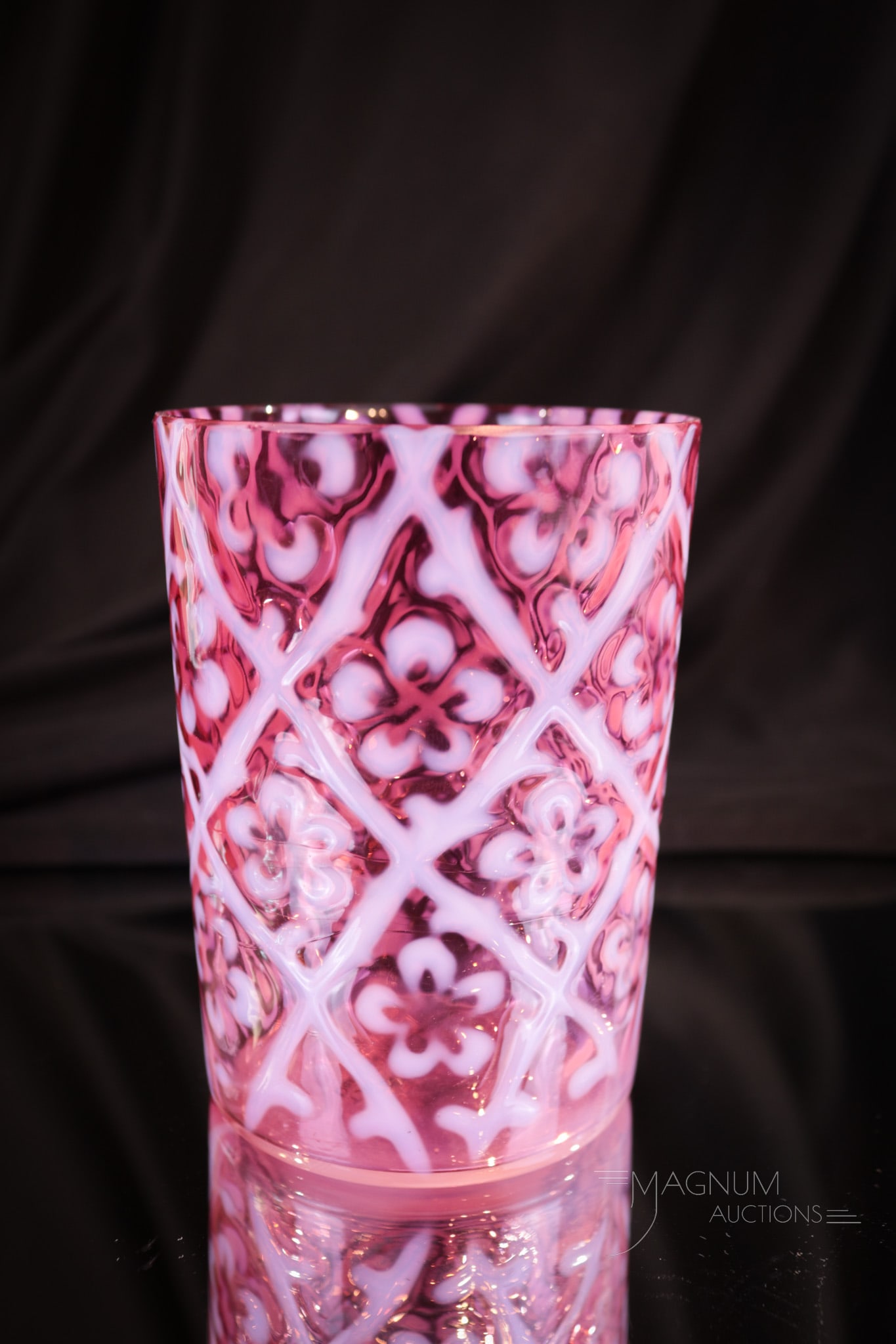 Cranberry Opalescent Daisy in Criss-Cross Victorian Tumbler: Vivid cranberry Victorian glass tumbler in the Daisy in Criss-Cross pattern. Tough tumbler to find if you need one folks! This honey measures 3 3/4" tall.