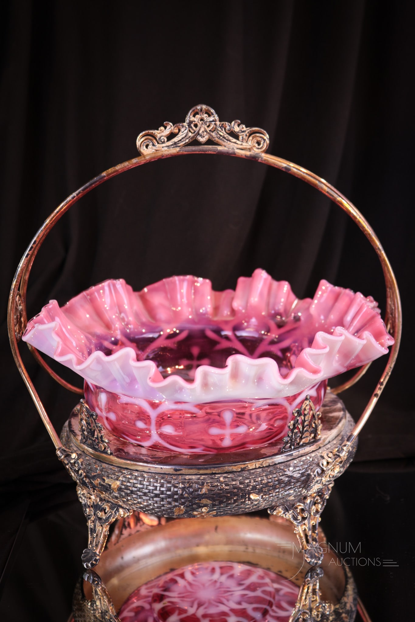 Webster Silverplate Cranberry Opalescent Brides Basket: Gorgeous Northwood Spanish Lace cranberry opalescent brides basket bowl set in a signed Webster silverplate frame. Complete this fine piece measures 11" tall, 11" wide.