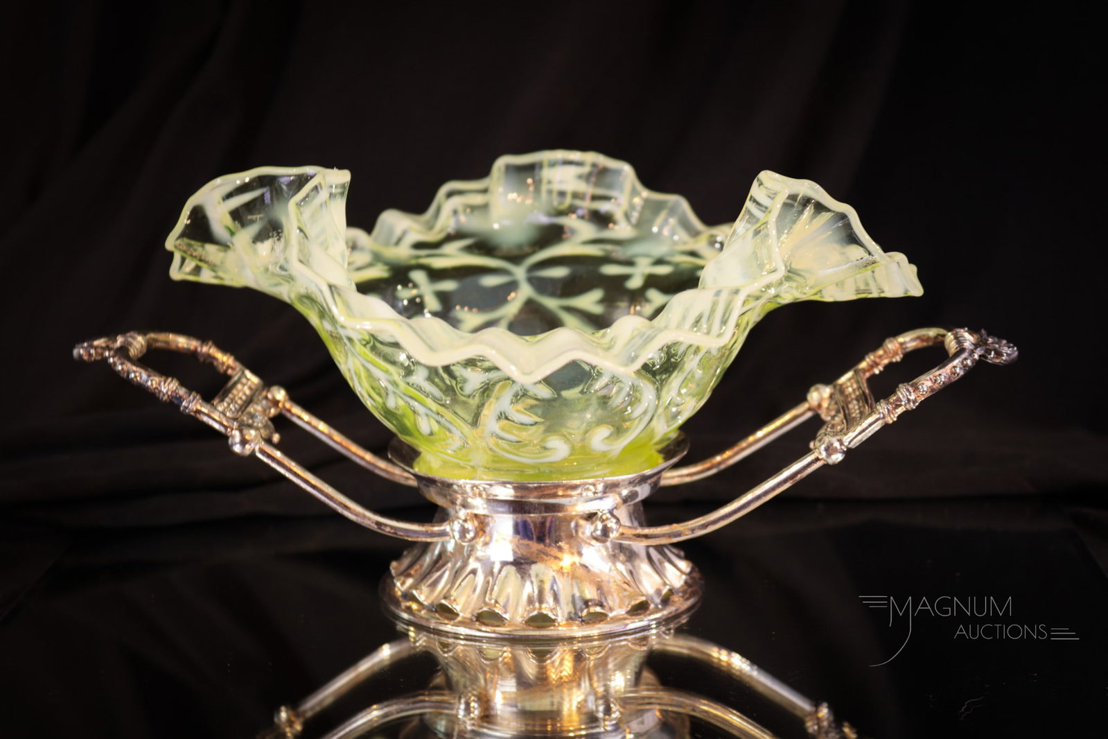 Aurora Silverplate Vaseline Northwood Spanish Lace Card Receiver: Beautiful Victorian signed Aurora silverplate card receiver complete with Northwood vaseline opalescent Spanish Lace pattern bowl. Lovely little piece. This measures 4 1/2" tall, 10" wide.