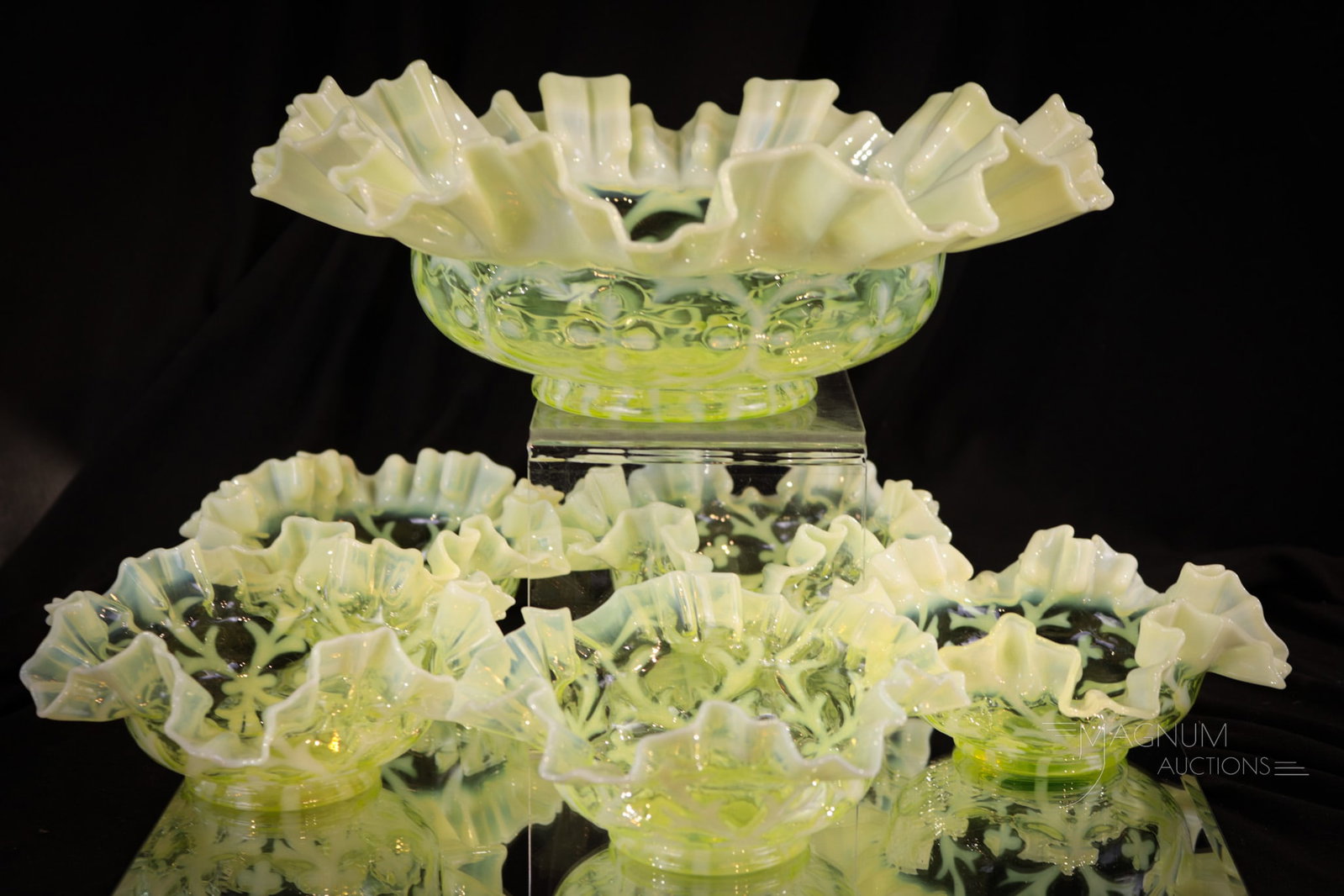 Rare 6 pc Lot Northwood Spanish Lace Victorian Berry set: What a rare find folks! This is a shout out to all the Vasies out there! This is a six-piece set in Northwood's Spanish Lace pattern in vaseline opal. Go find one of these! This fine offering is sure 