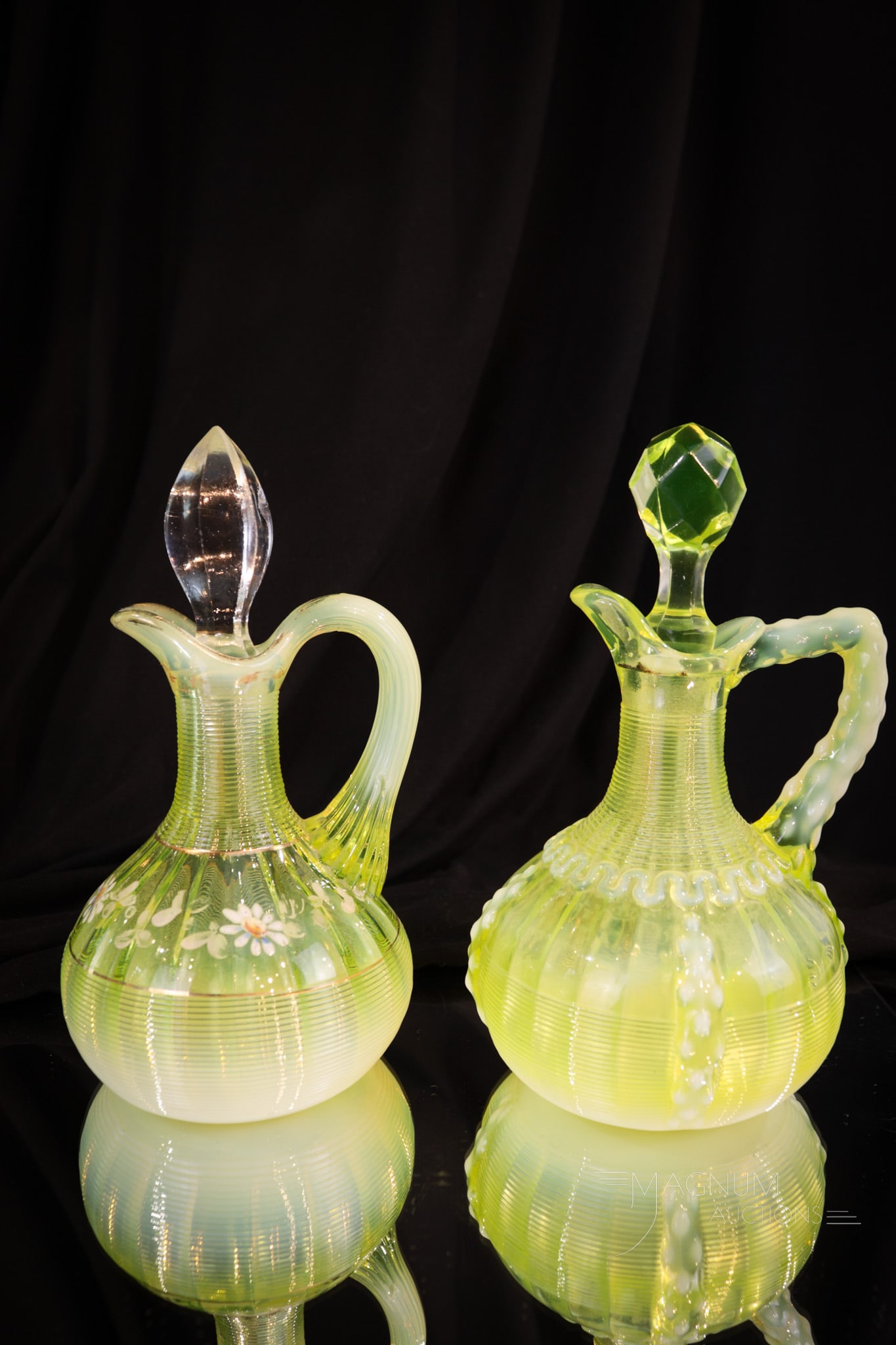 2 pc Lot Northwood Vaseline Opalescent Cruets: Two fine Victorian vaseline opalescent glass cruets offered in this lot. An Alaska pattern along with a decorated Klondyke. Tallest measures 6 1/2".